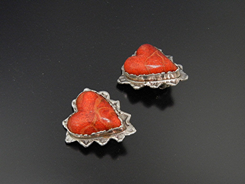 David Troutman Apple Coral Sterling Silver Heart Earrin