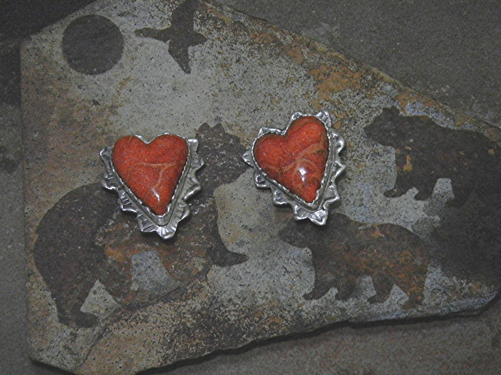 David Troutman Apple Coral Sterling Silver Heart Earrin