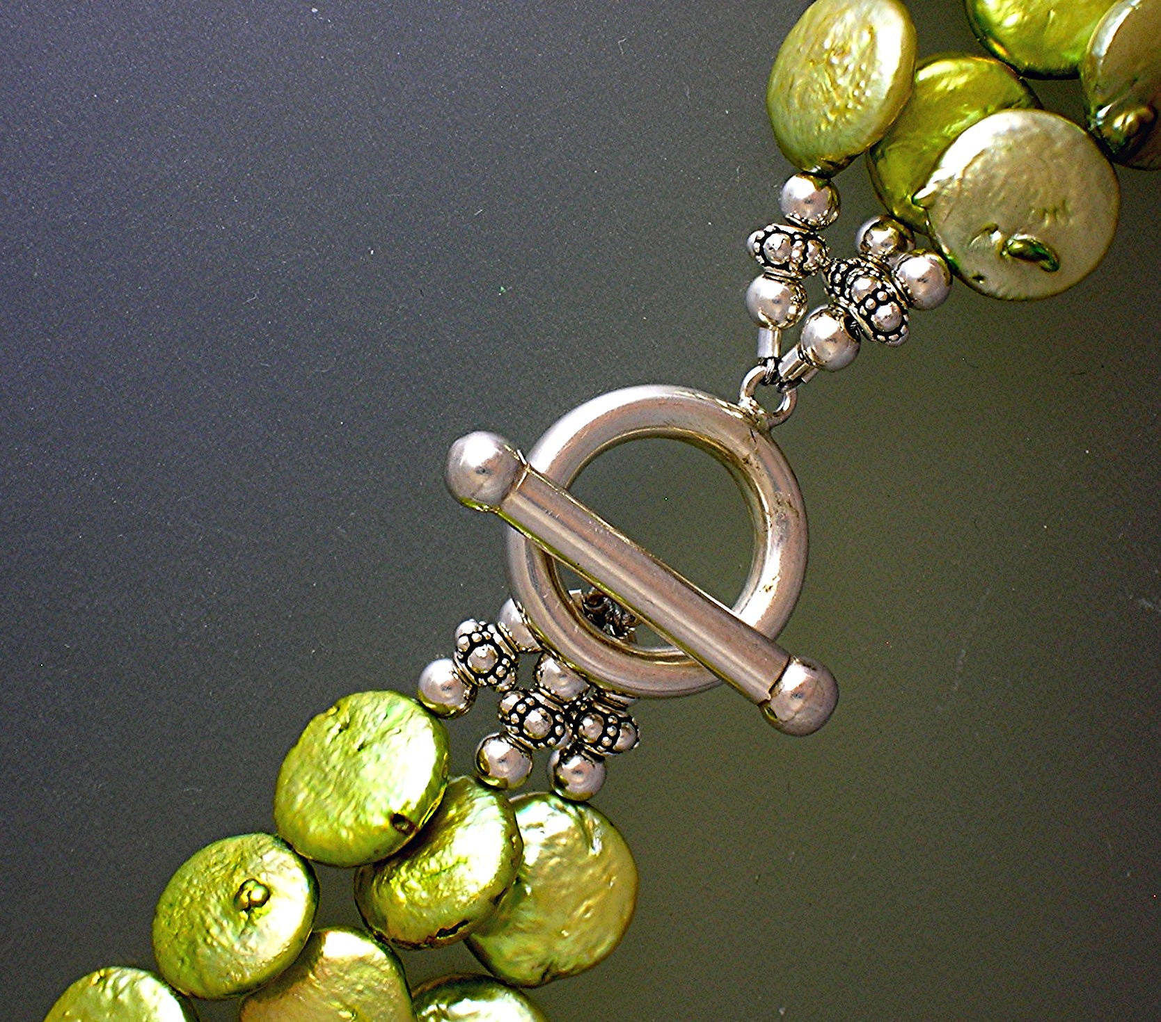 Pearls Sterling Silver Toggle Clasp Lime Green Coin