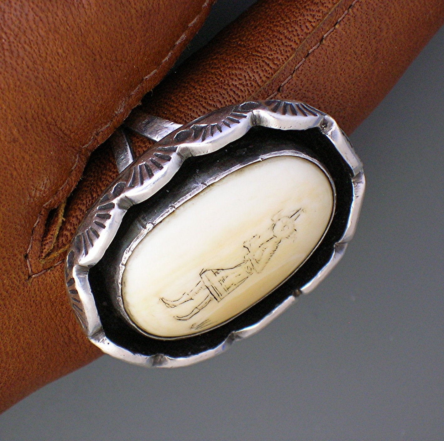 Bone Ivory Sterling Silver Kokopelli Ring Signed JJM