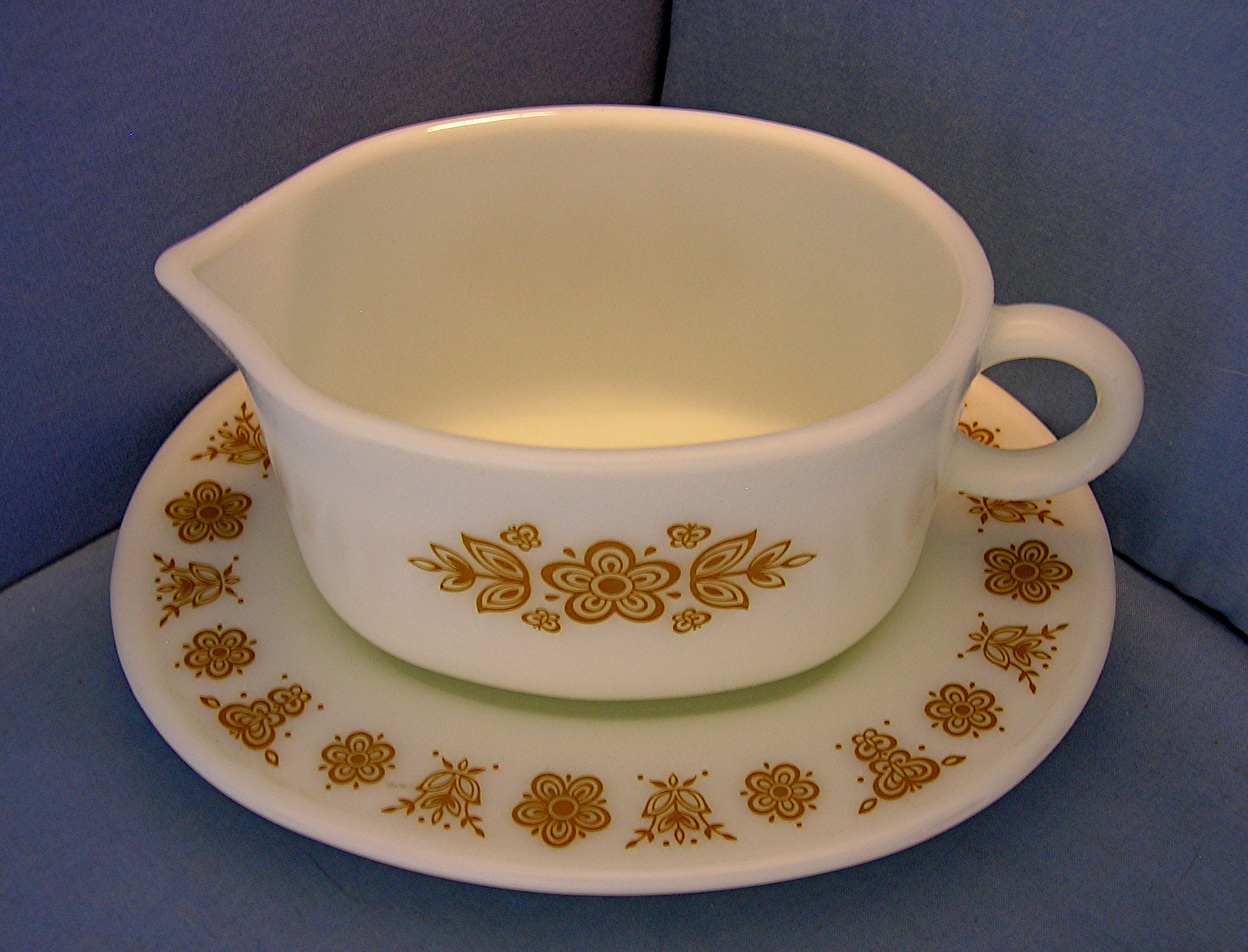 Pyrex Glass Butterfly Gold Gravy Boat & Underplate 60s