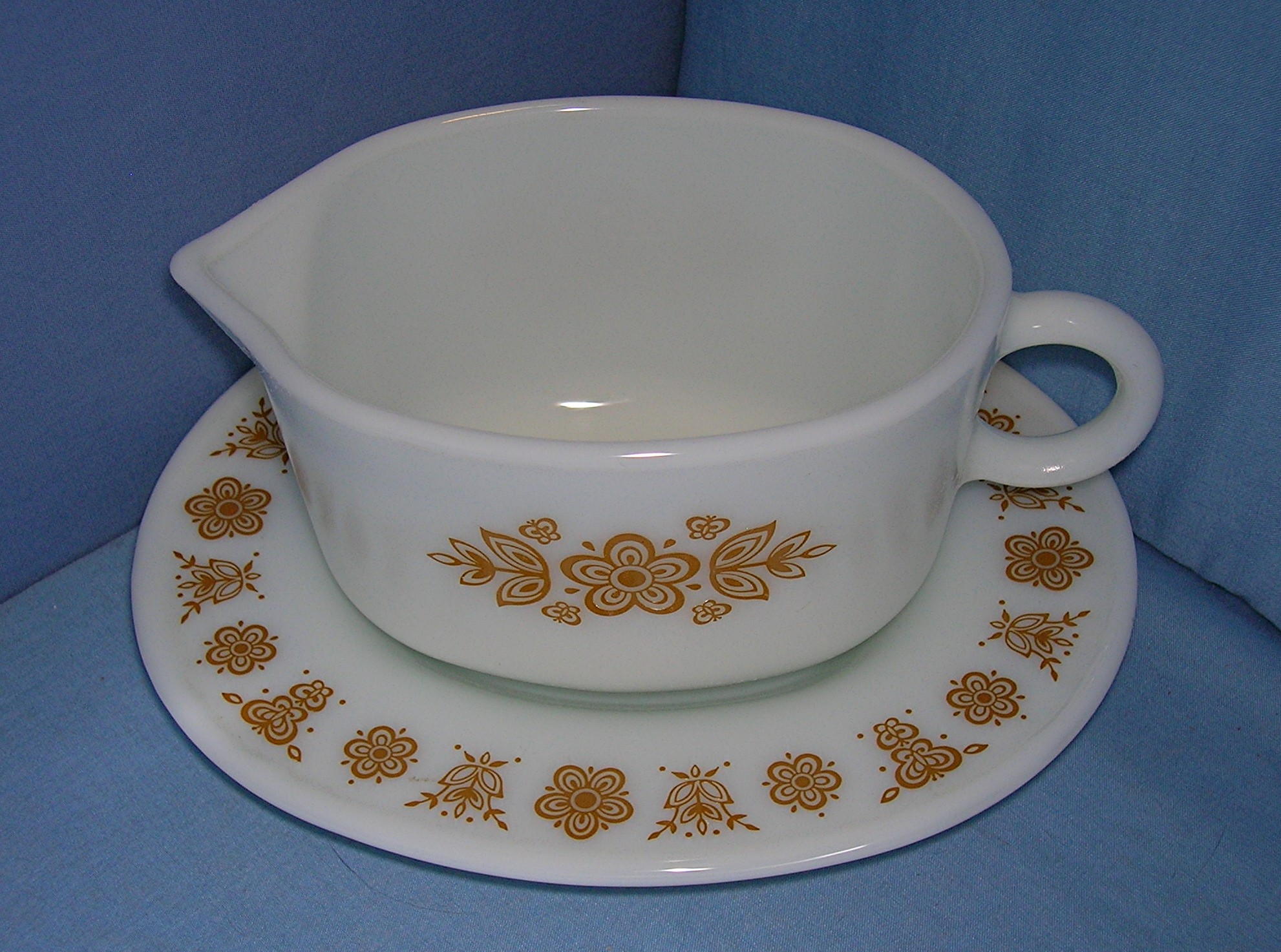 Pyrex Glass Butterfly Gold Gravy Boat & Underplate 60s