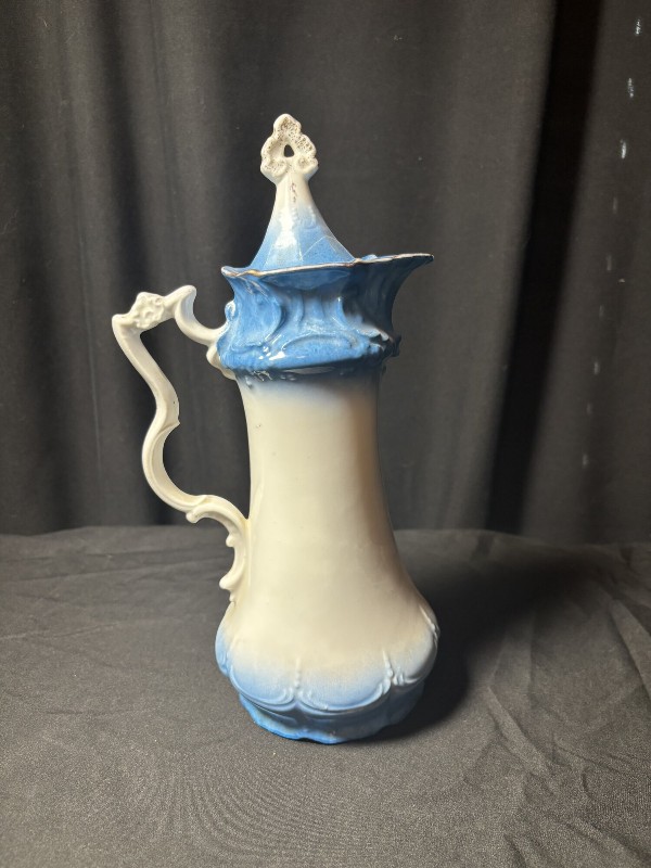 Porcelain Chocolate Pot with Lid Victorian Courting Couple Blue White