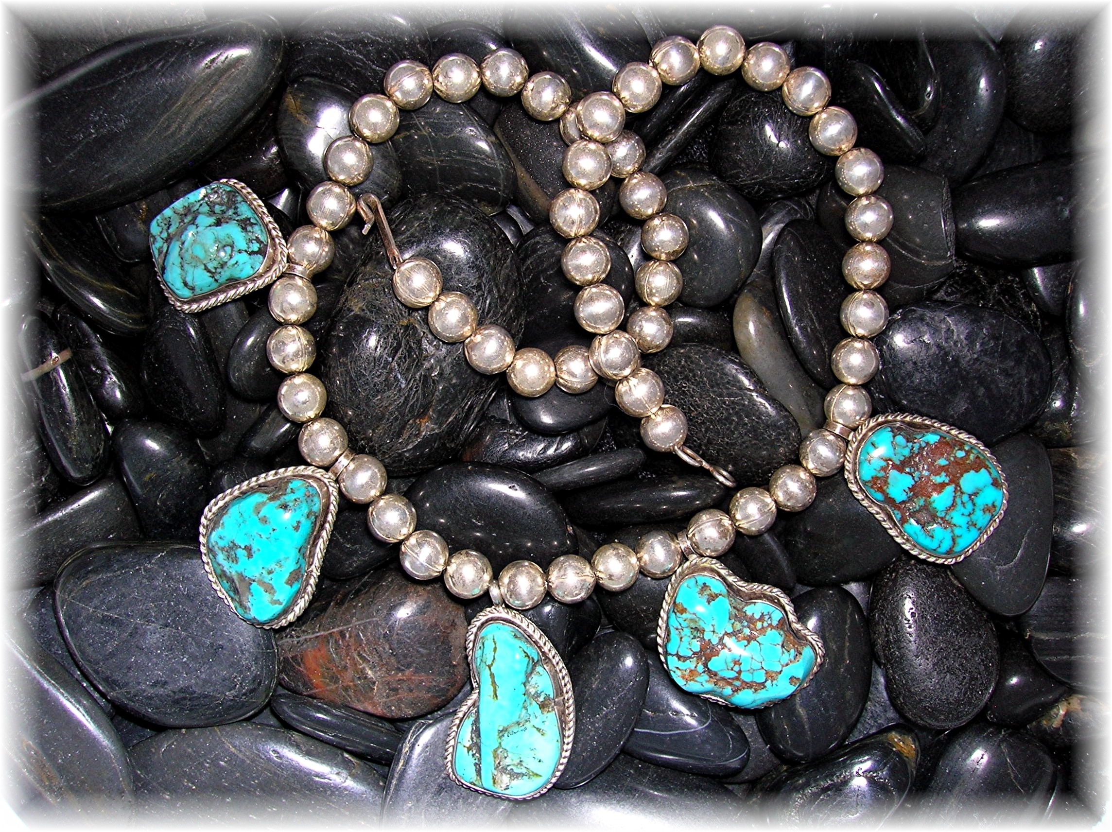 Sterling Silver turquoise Beads 5 Pendant Necklace