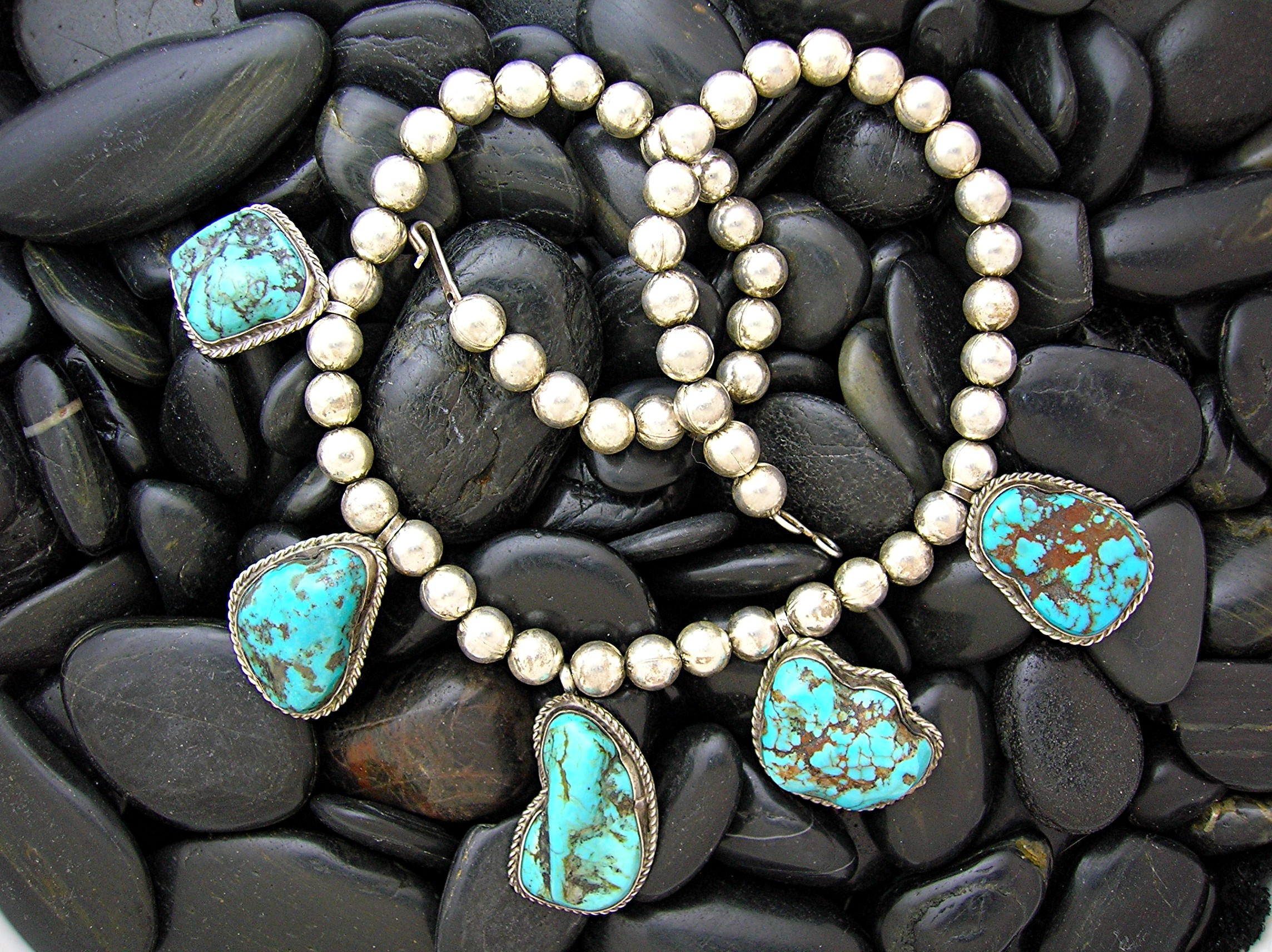 Sterling Silver turquoise Beads 5 Pendant Necklace