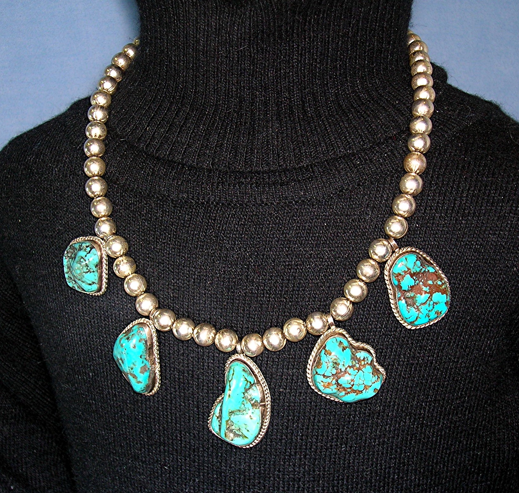 Sterling Silver turquoise Beads 5 Pendant Necklace
