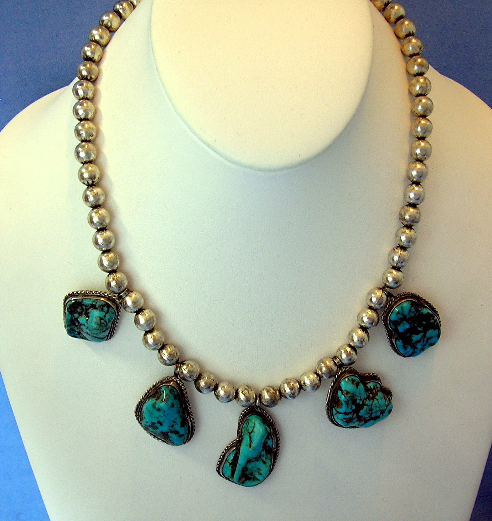 Sterling Silver turquoise Beads 5 Pendant Necklace