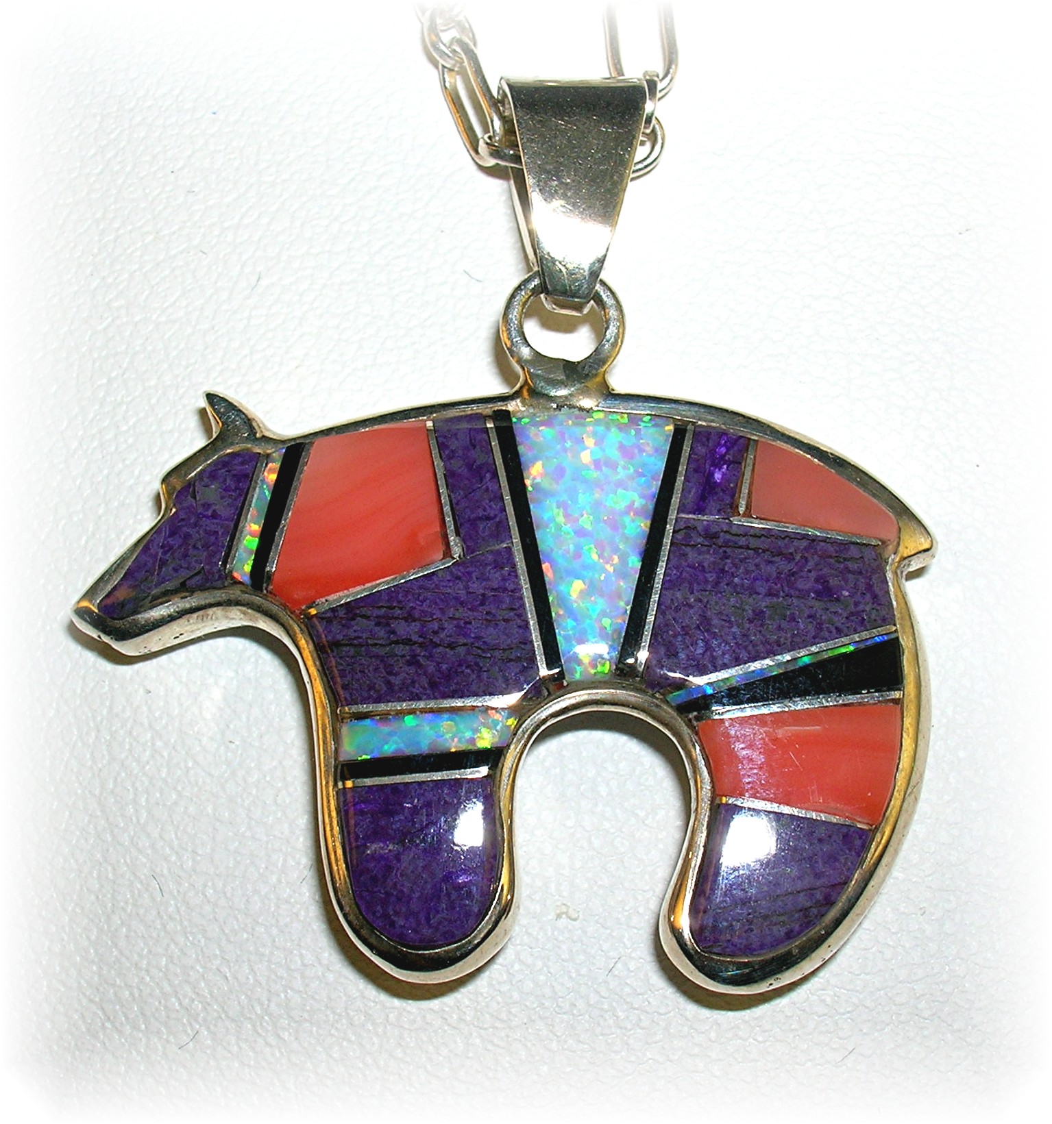 Necklace Sterling Silver Sugulite Coral Onyx Opal Bear
