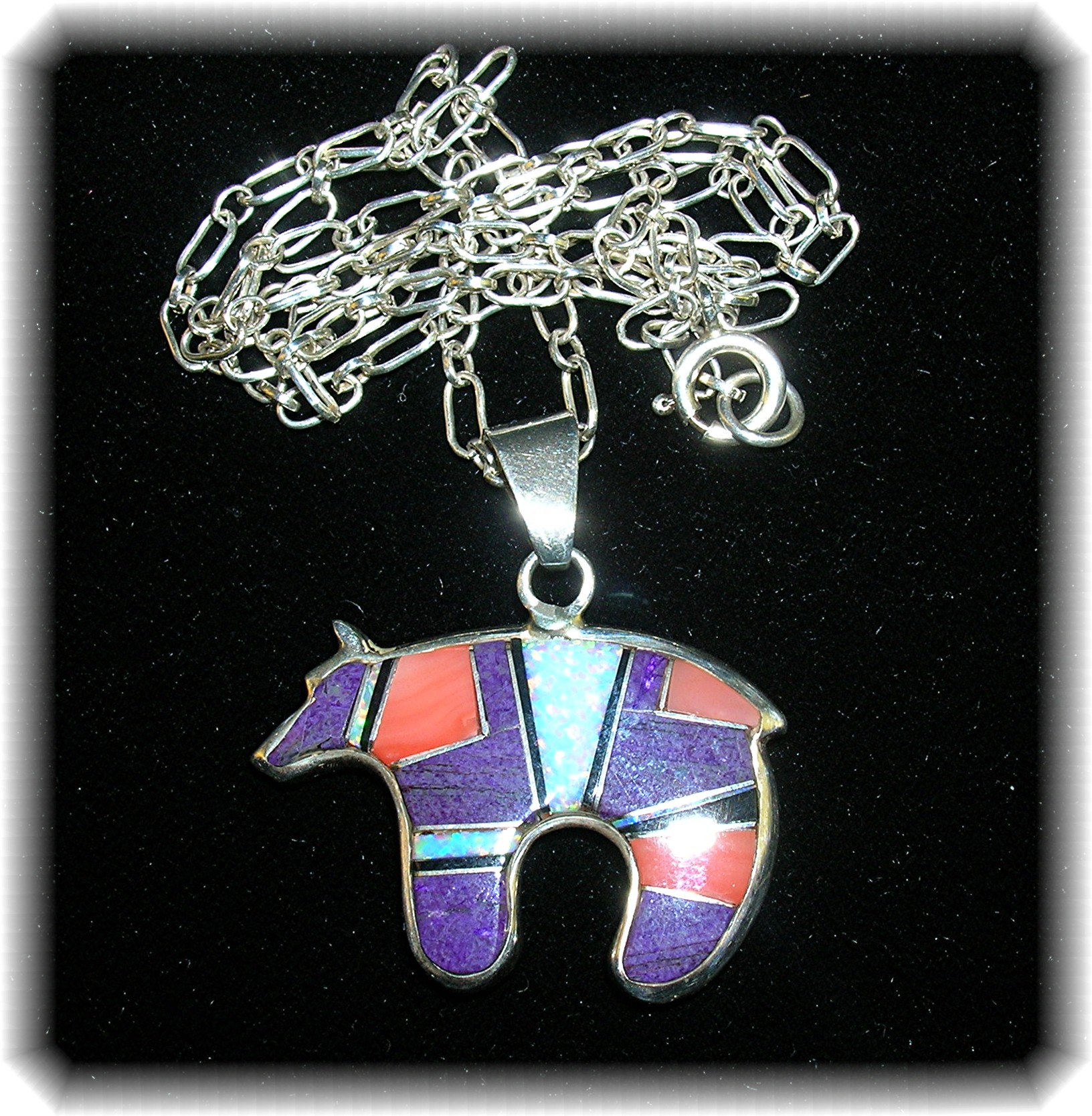 Necklace Sterling Silver Sugulite Coral Onyx Opal Bear