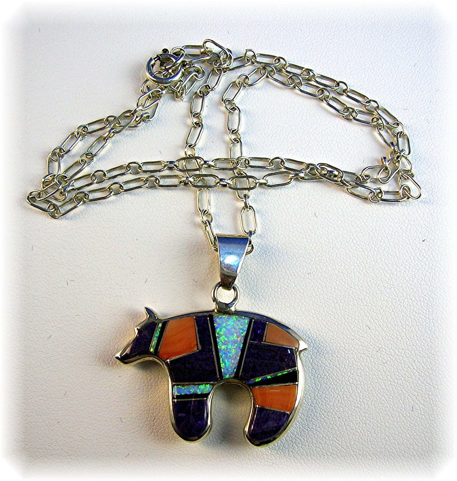 Necklace Sterling Silver Sugulite Coral Onyx Opal Bear
