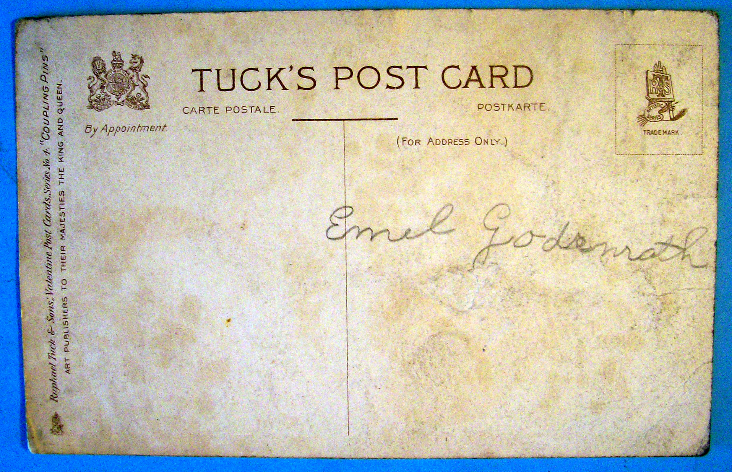 You Dear Valentine's Postcard By Raphael Tuck w/Hat Pin