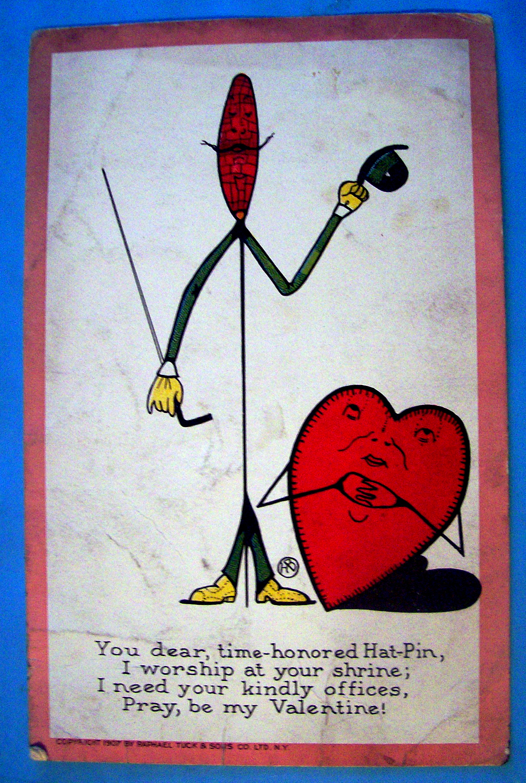 You Dear Valentine's Postcard By Raphael Tuck w/Hat Pin