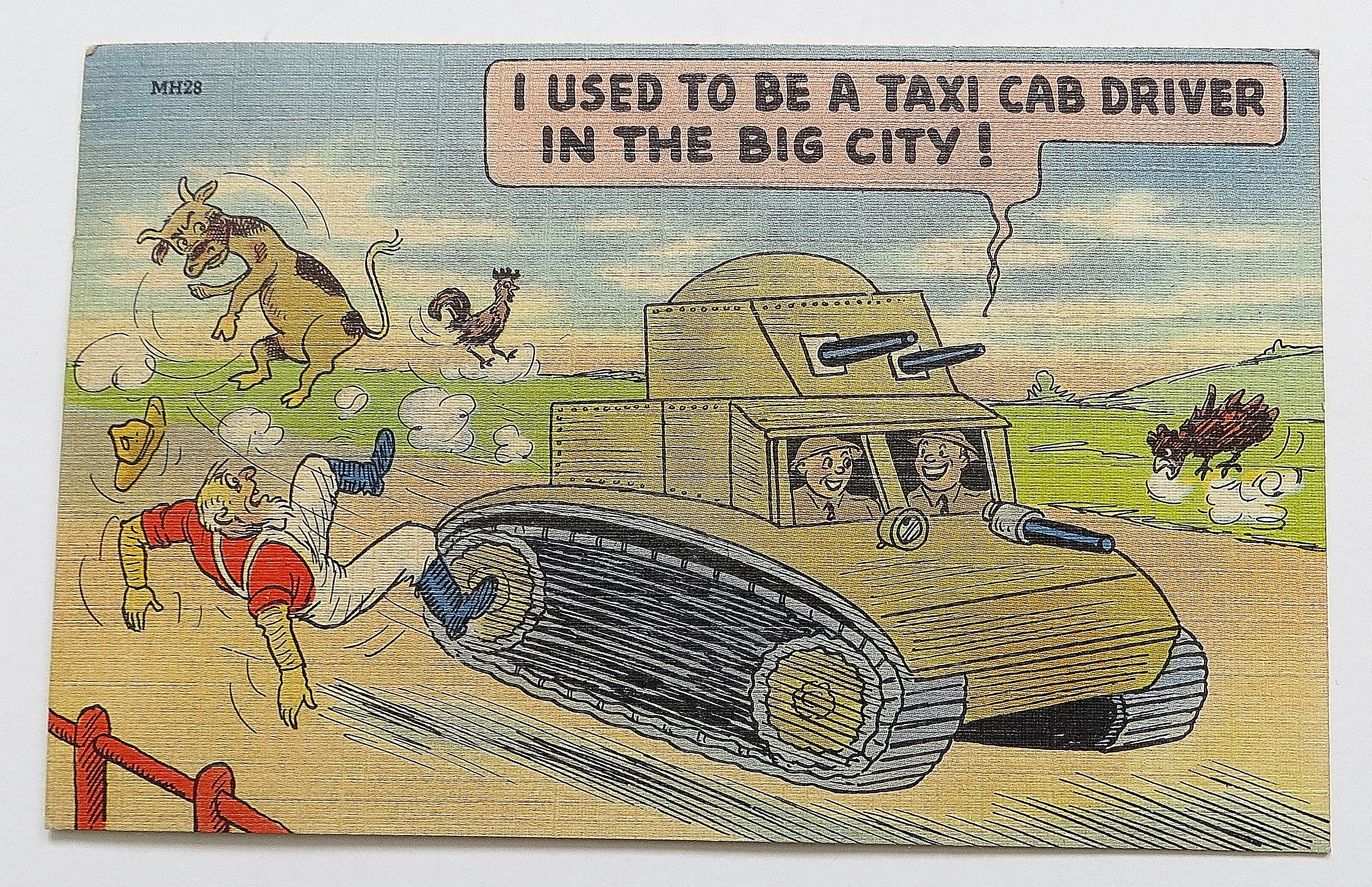 Army Men Driving Tank, Forcing Cow And Man Into The Air