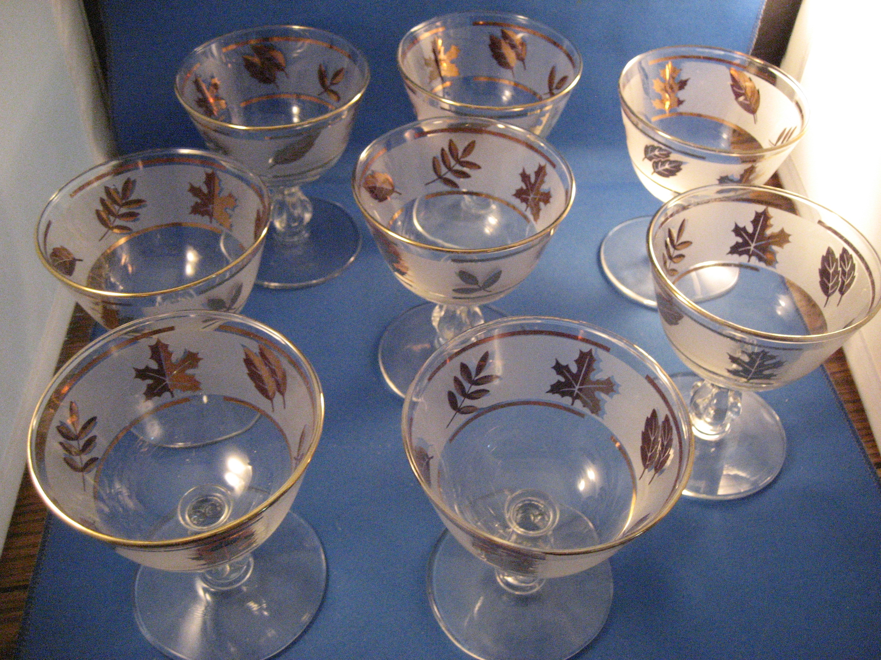 Eight Golden Foil Leaf Cocktail Glasses From Libbey