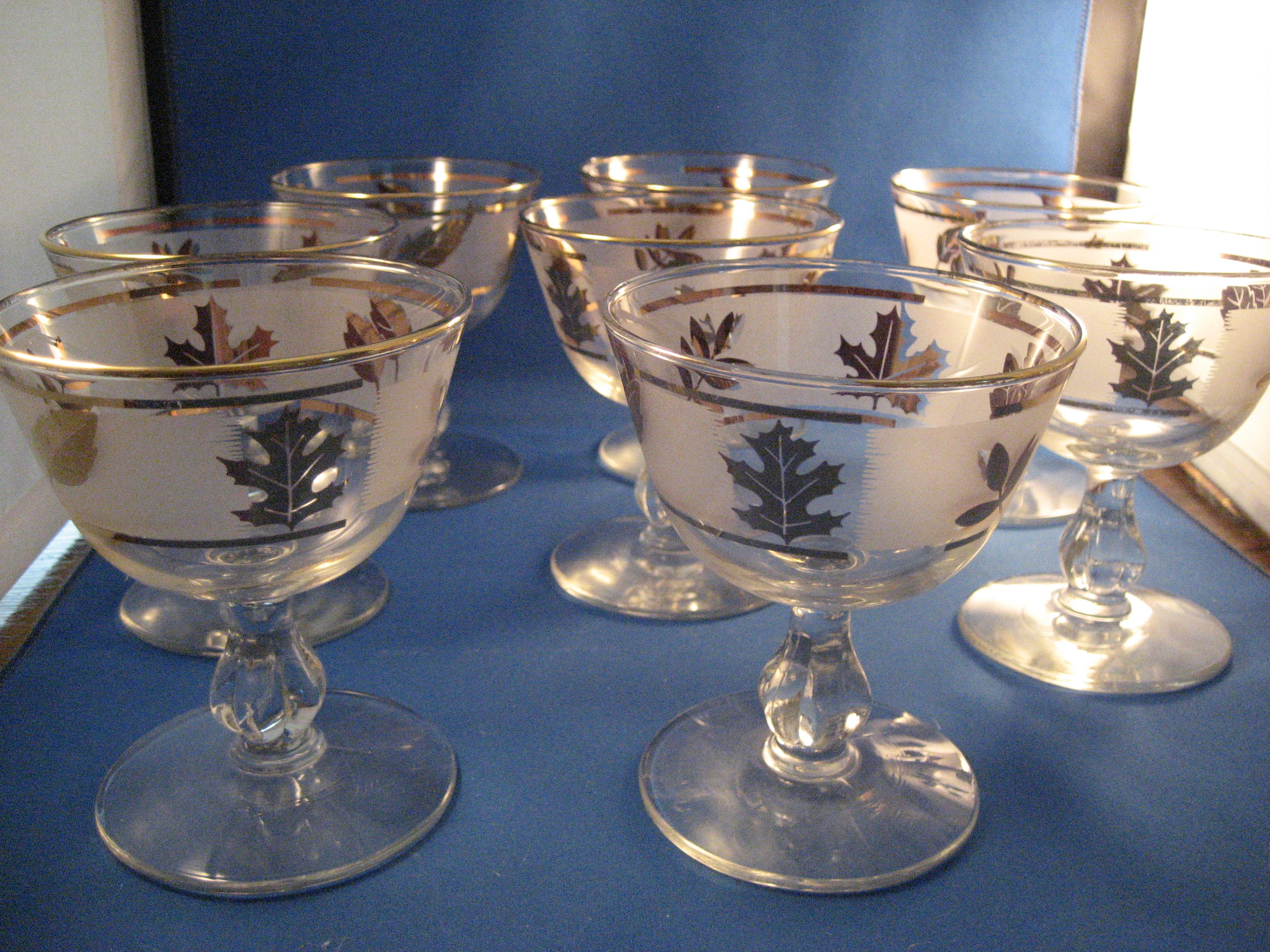Eight Golden Foil Leaf Cocktail Glasses From Libbey