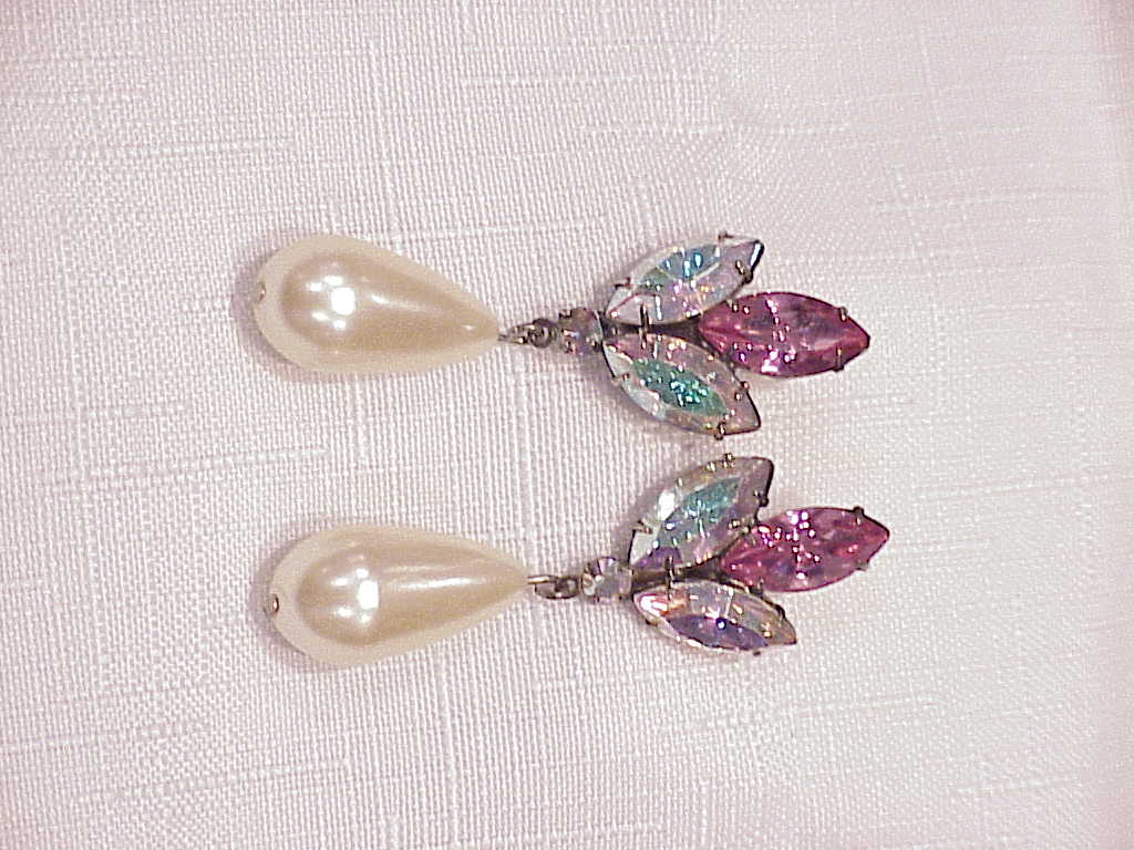 Aurora Borealis Rhinestone And Dangling Pearl Pierced Earrings