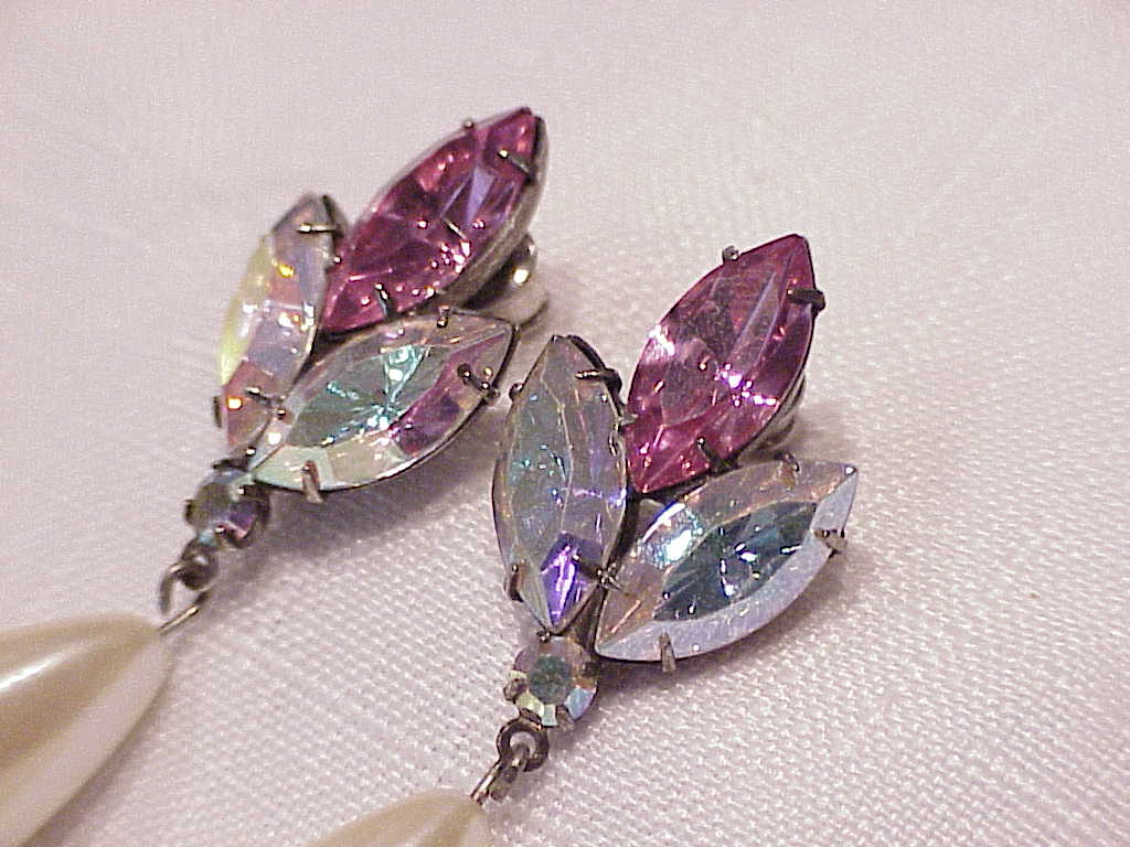 Aurora Borealis Rhinestone And Dangling Pearl Pierced Earrings