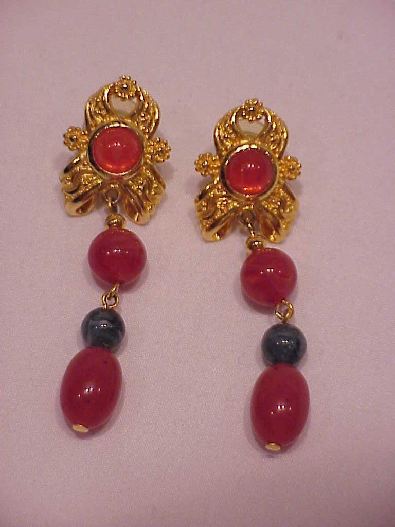 Avon Pierced Earrings With Dangling Jade And Carnelian Glass Beads