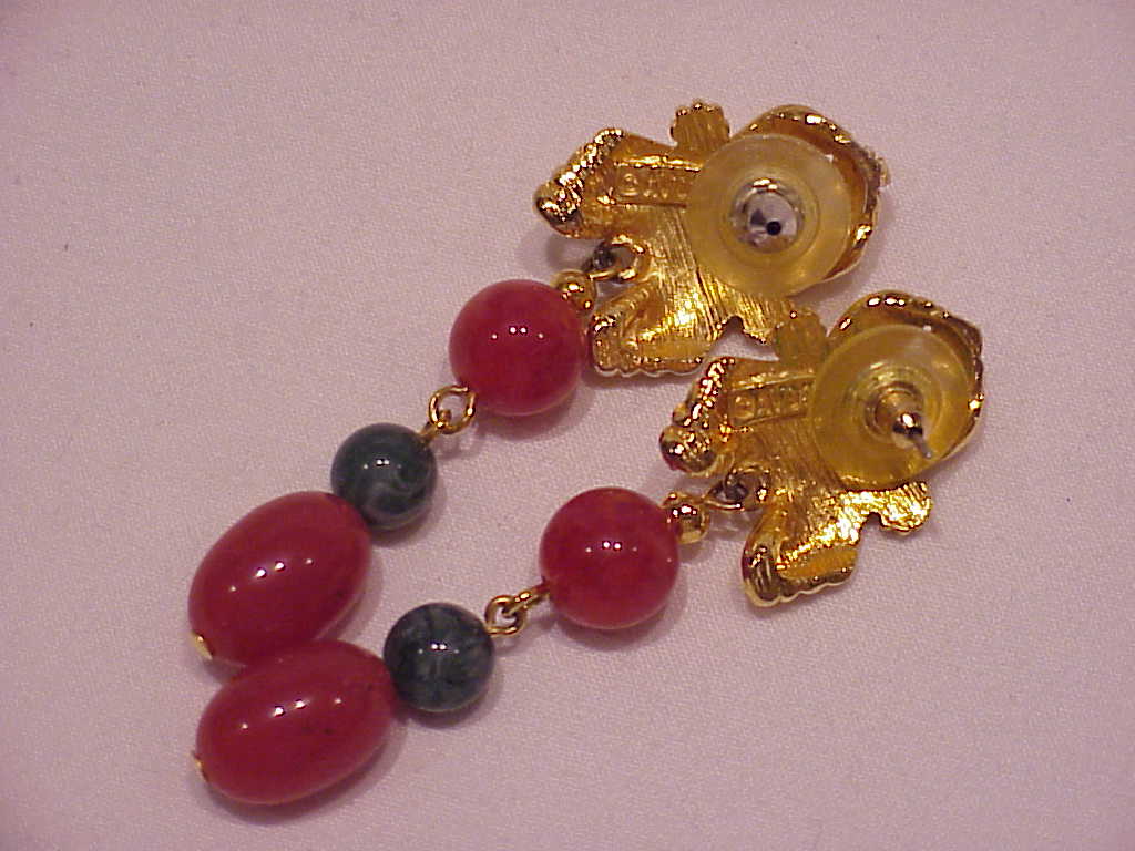 Avon Pierced Earrings With Dangling Jade And Carnelian Glass Beads