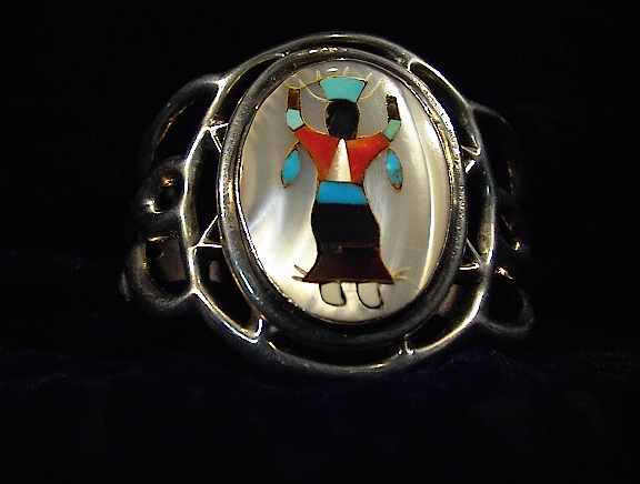Native American Sterling Silver Mother Pearl Coral Onyx