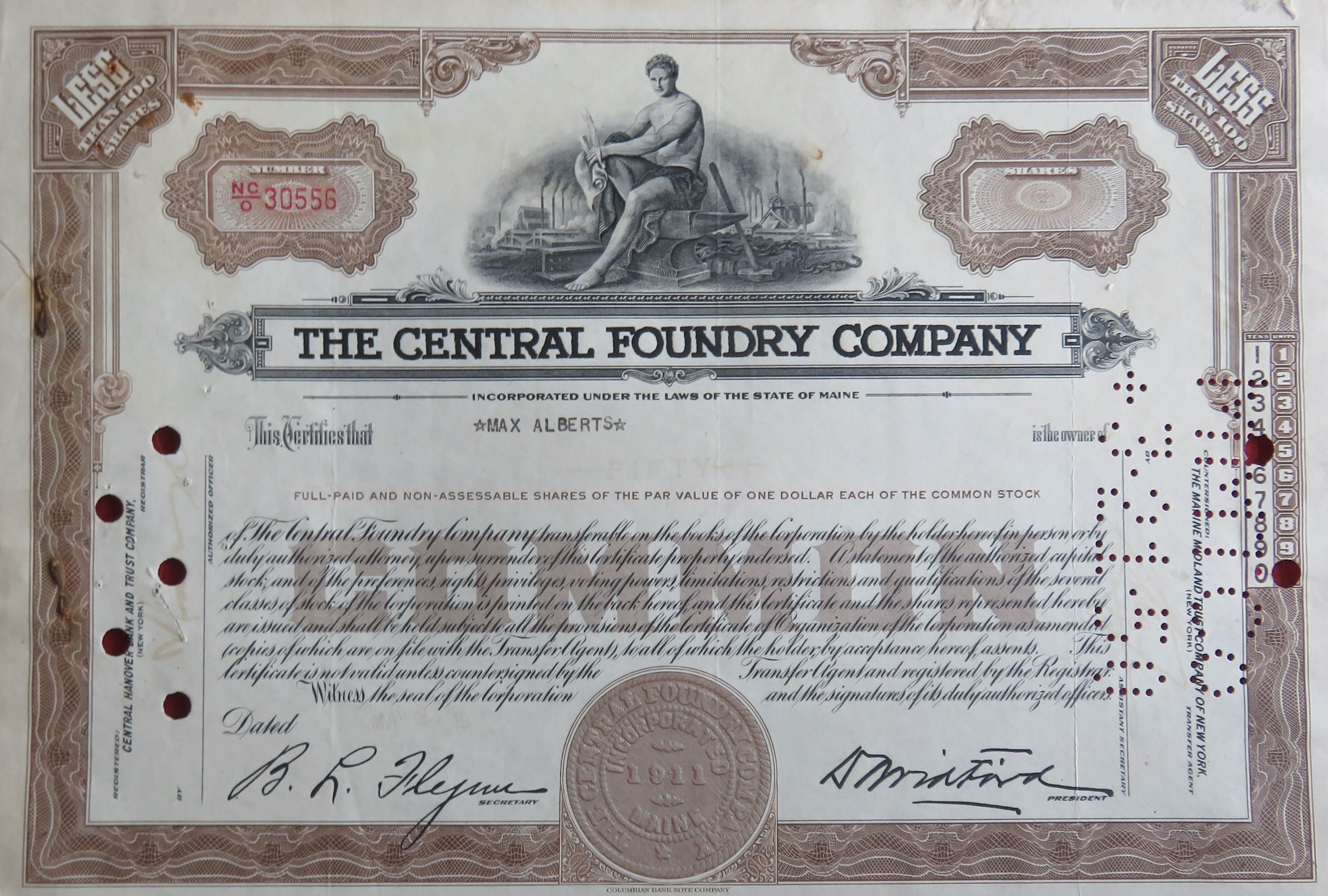 1950 The Central Foundry Company Stock Certificate