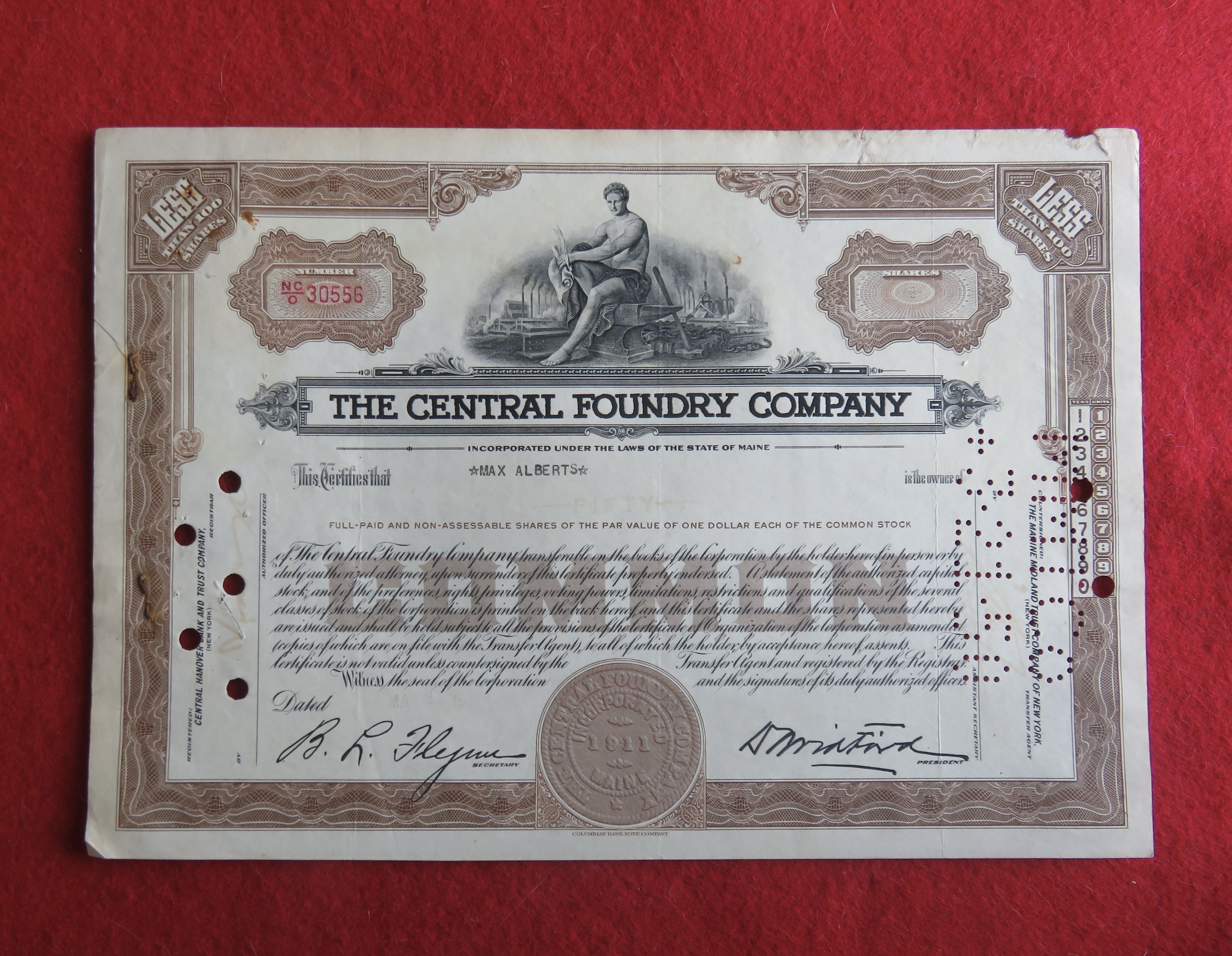 1950 The Central Foundry Company Stock Certificate