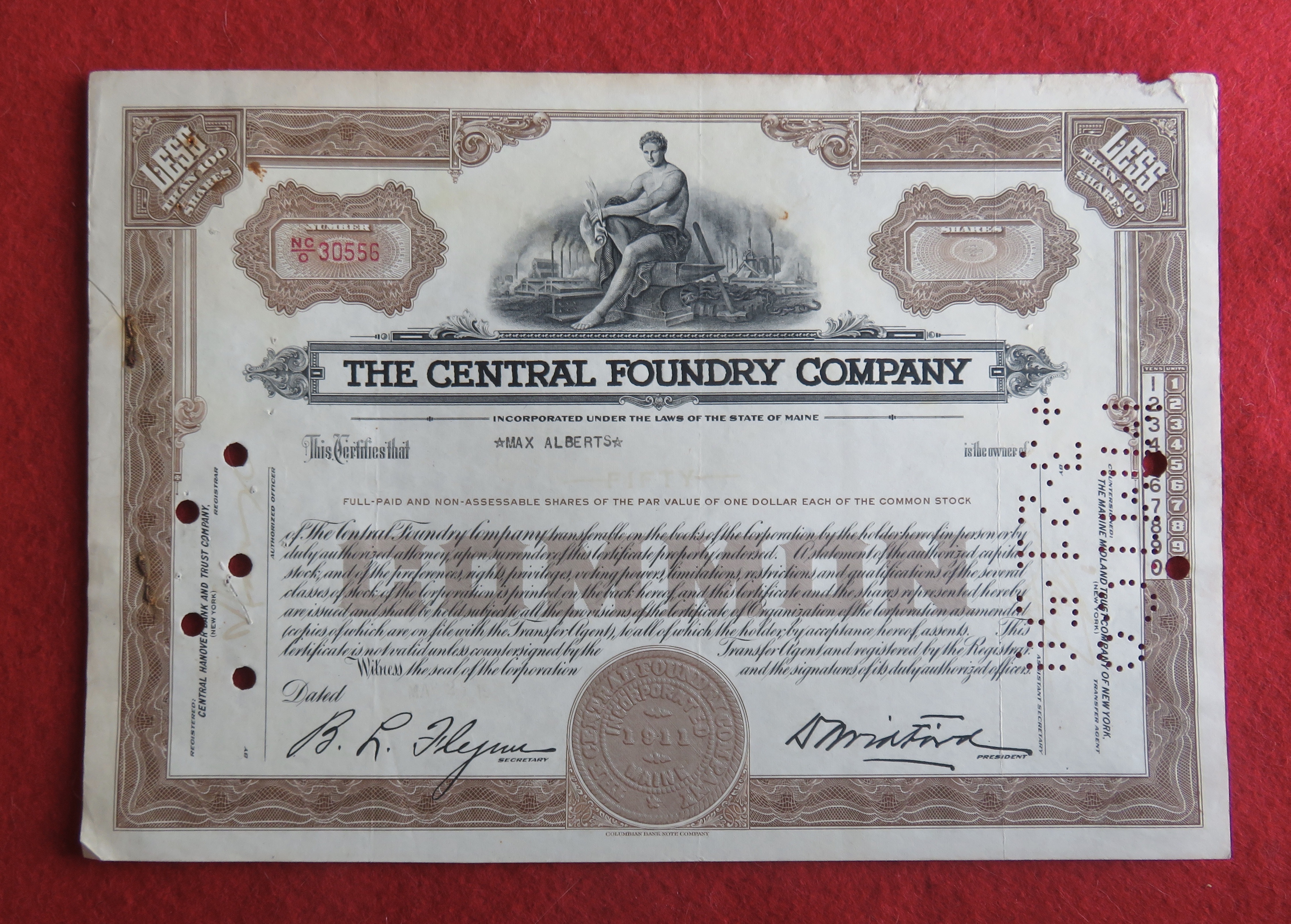 1950 The Central Foundry Company Stock Certificate