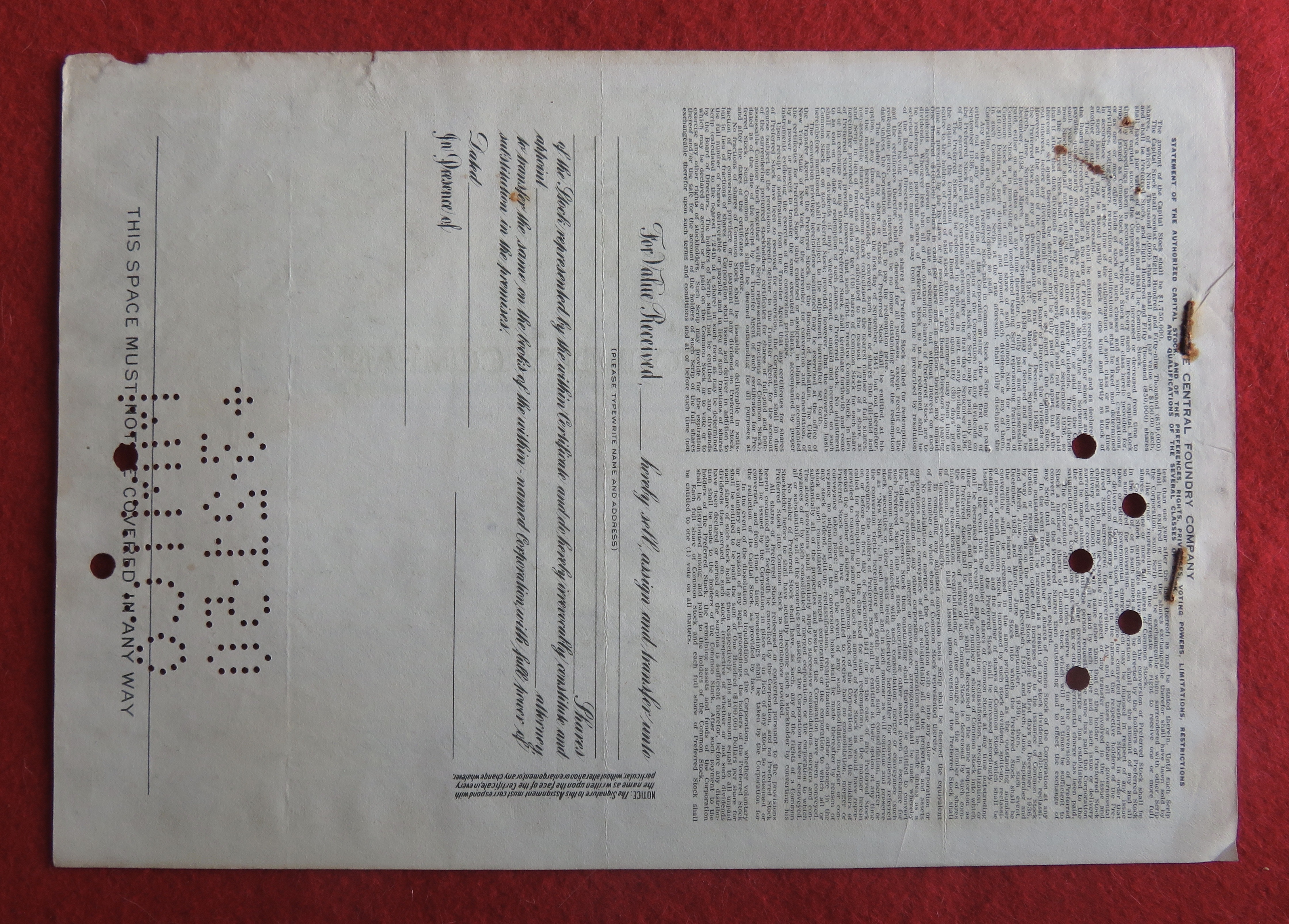 1950 The Central Foundry Company Stock Certificate
