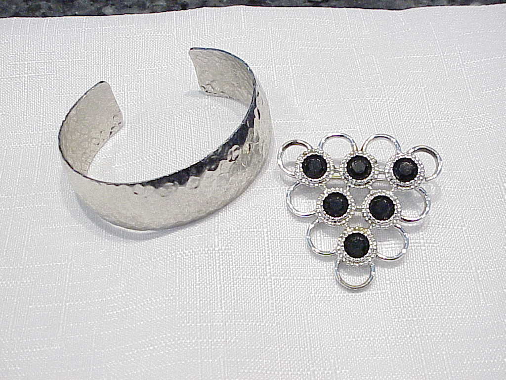 Vintage Sarah Coventry Silver Bracelet And Black Rhinestone Brooch