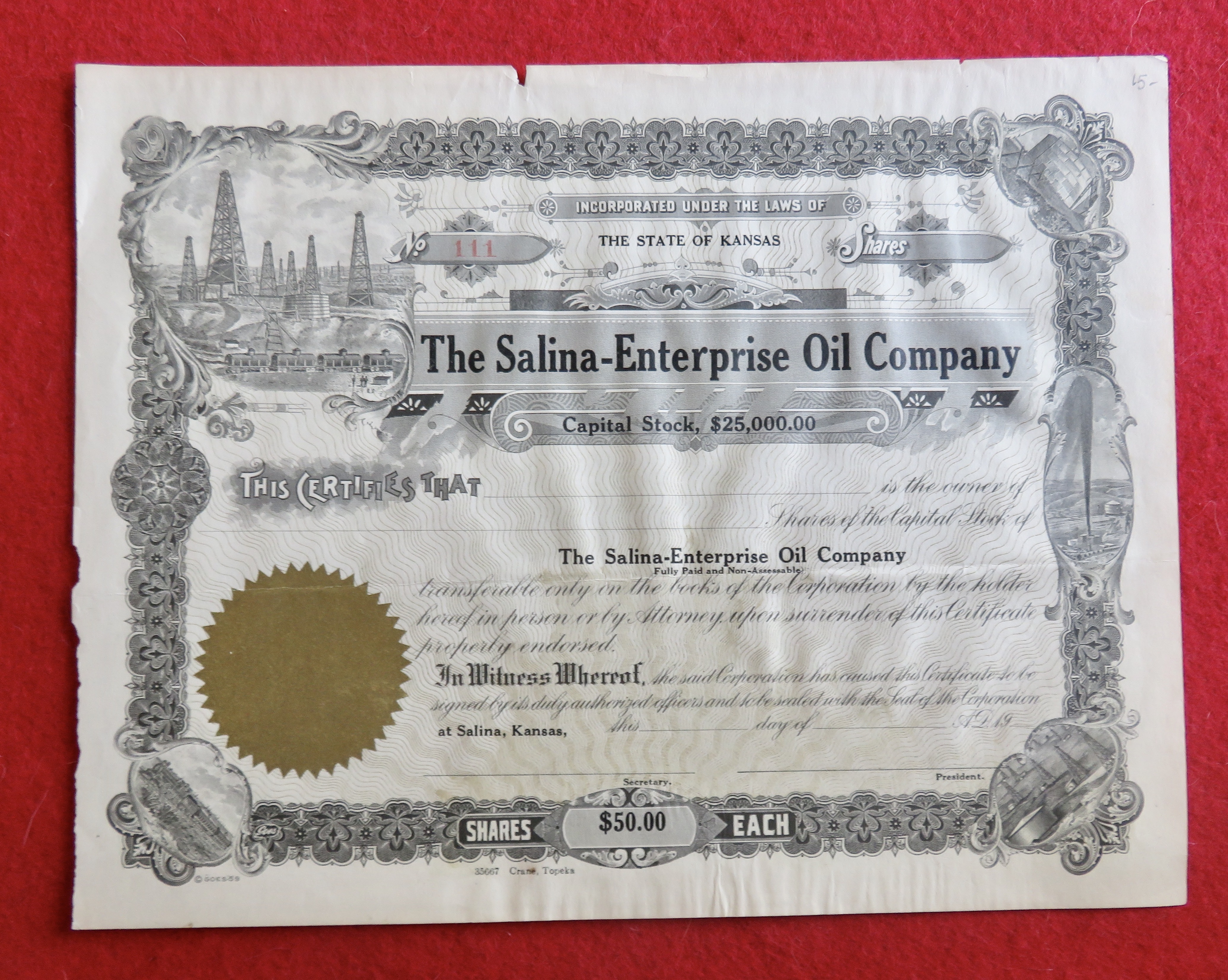 1900's The Salina Enterprise Oil Company Stock