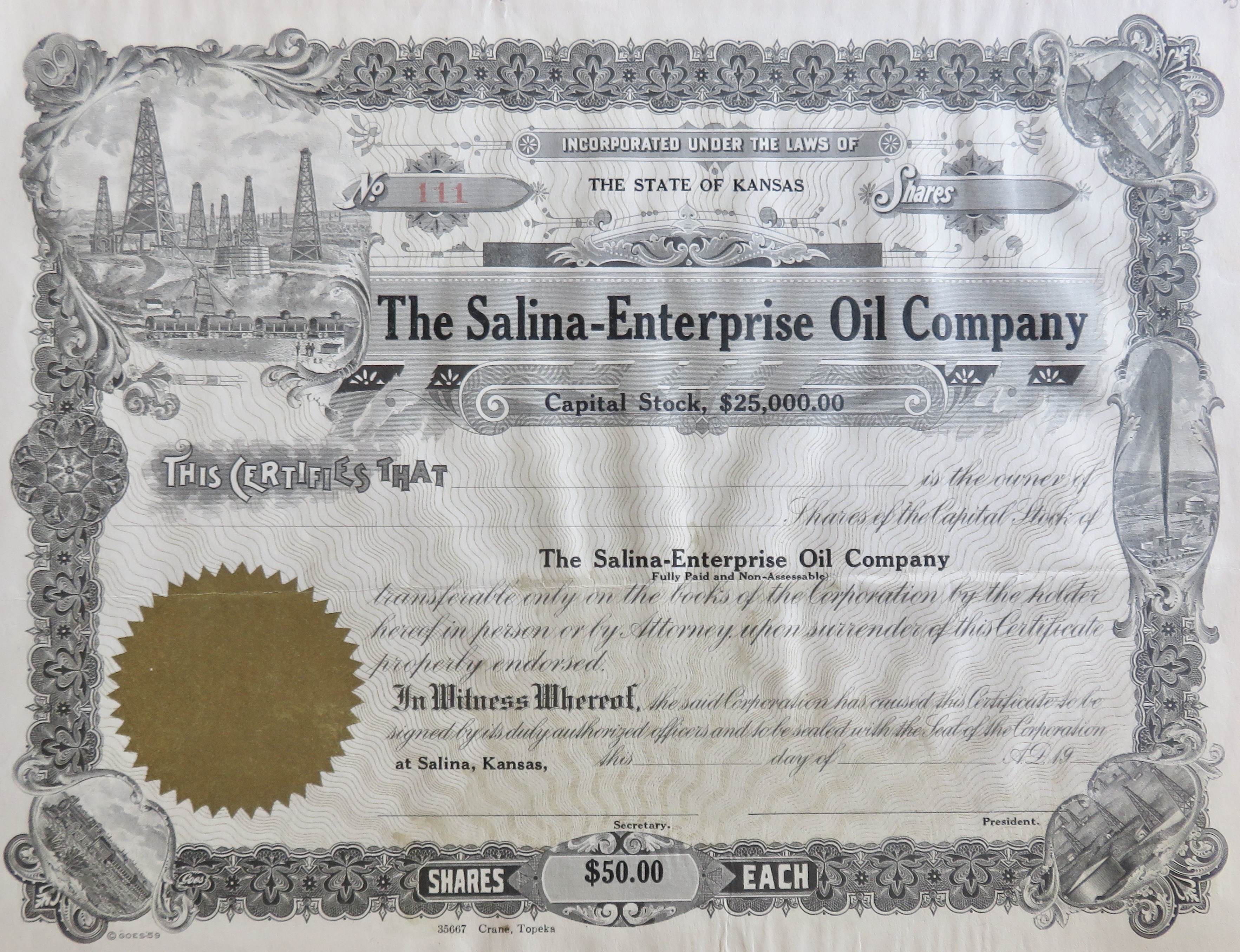 1900's The Salina Enterprise Oil Company Stock