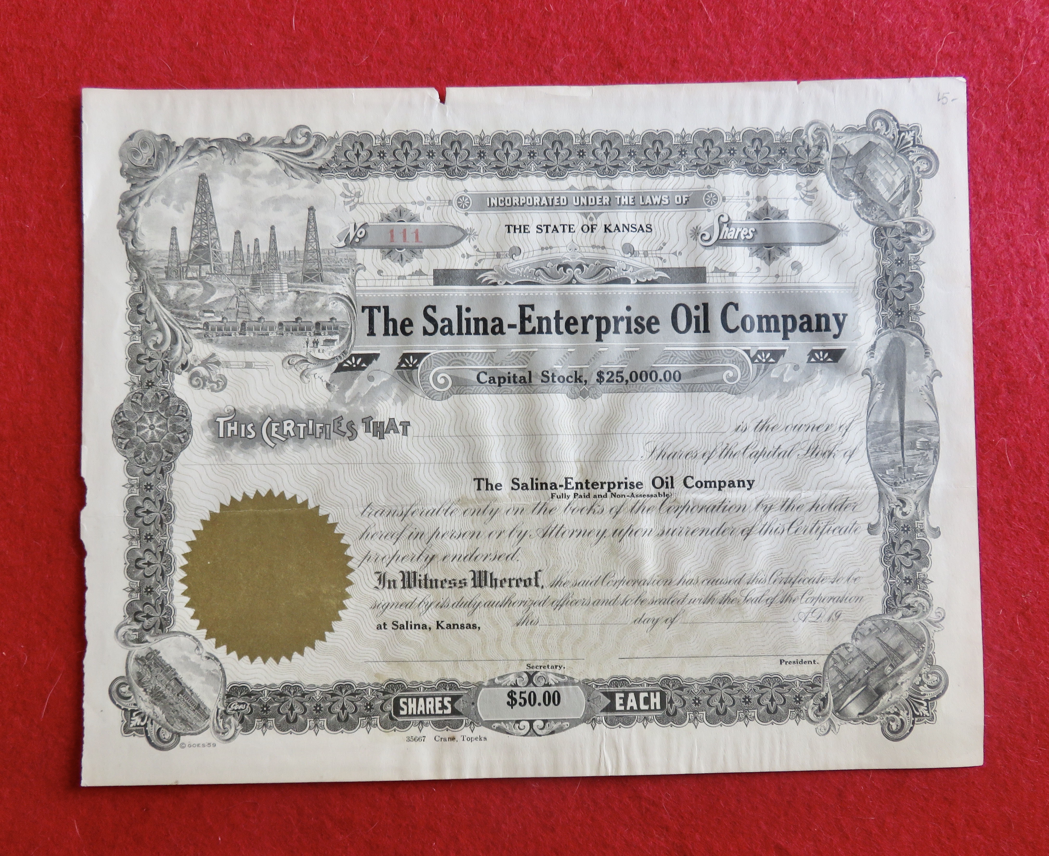 1900's The Salina Enterprise Oil Company Stock