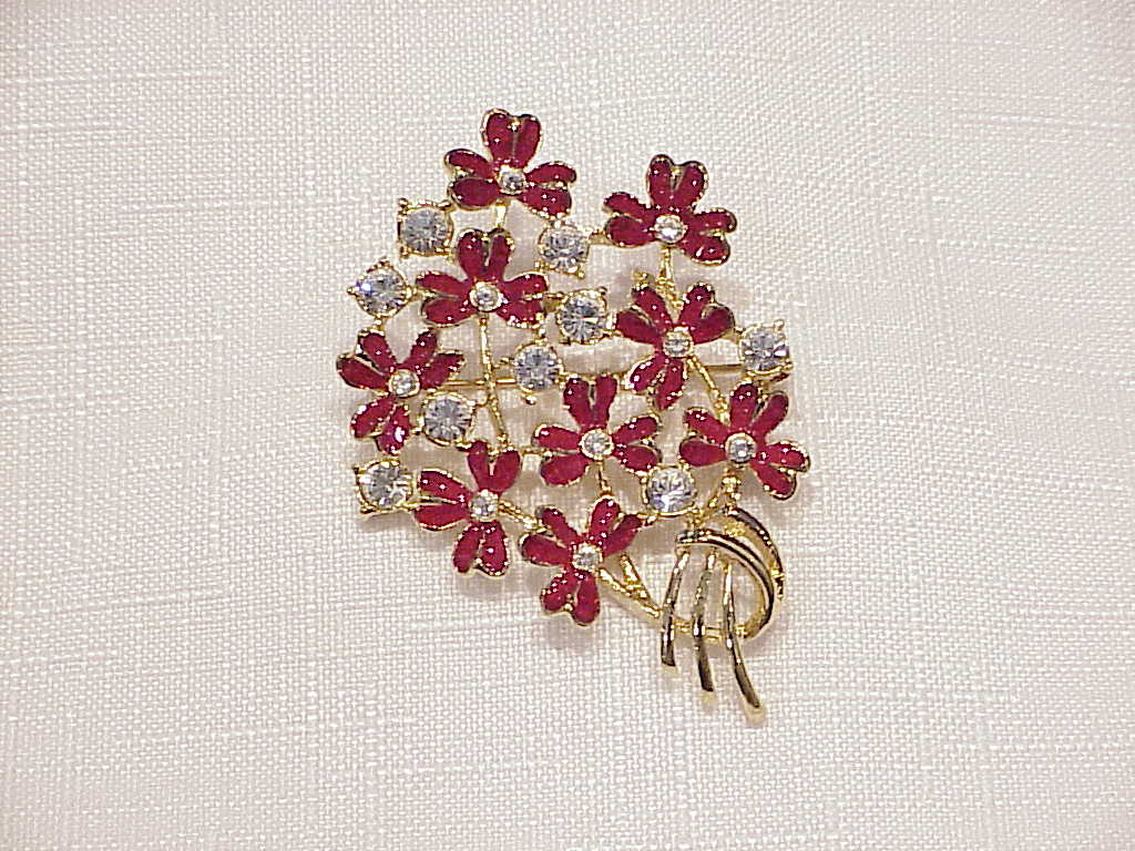 Red Enamel And Clear Rhinestone Flower Spray Brooch