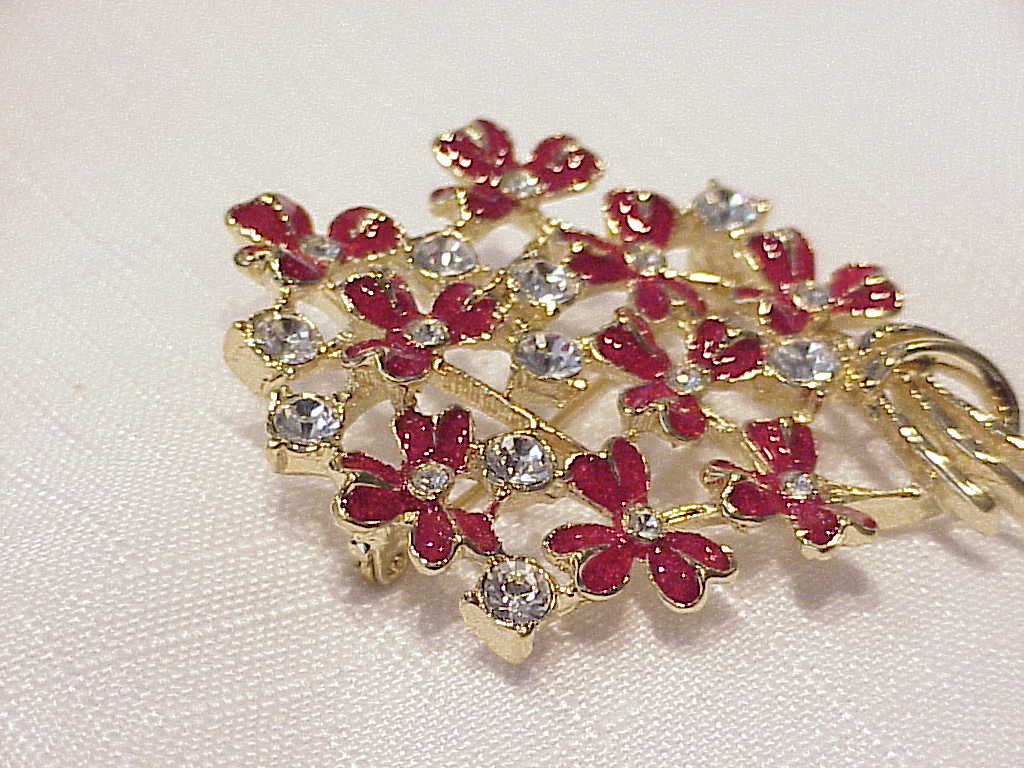 Red Enamel And Clear Rhinestone Flower Spray Brooch