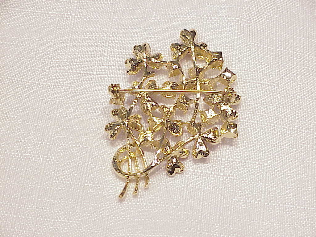 Red Enamel And Clear Rhinestone Flower Spray Brooch