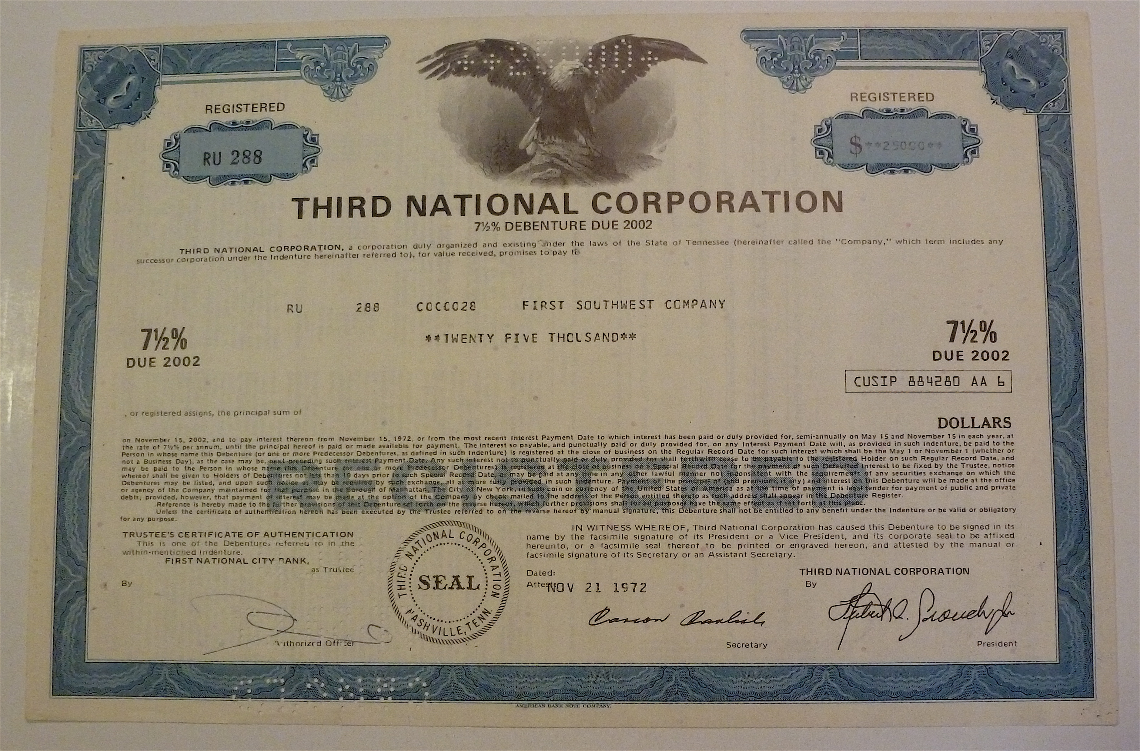 Third National Corporation Stock Certificate