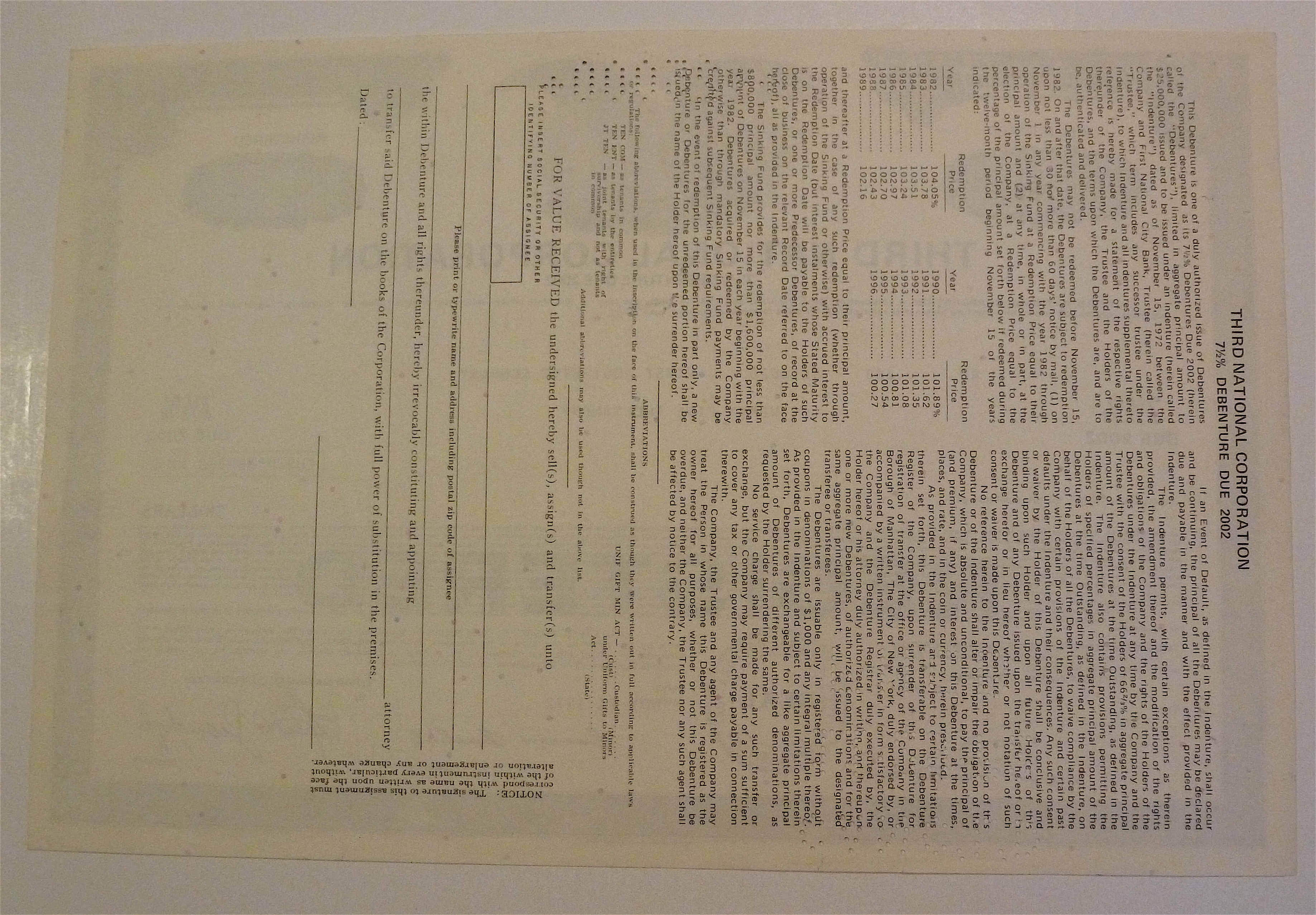 Third National Corporation Stock Certificate