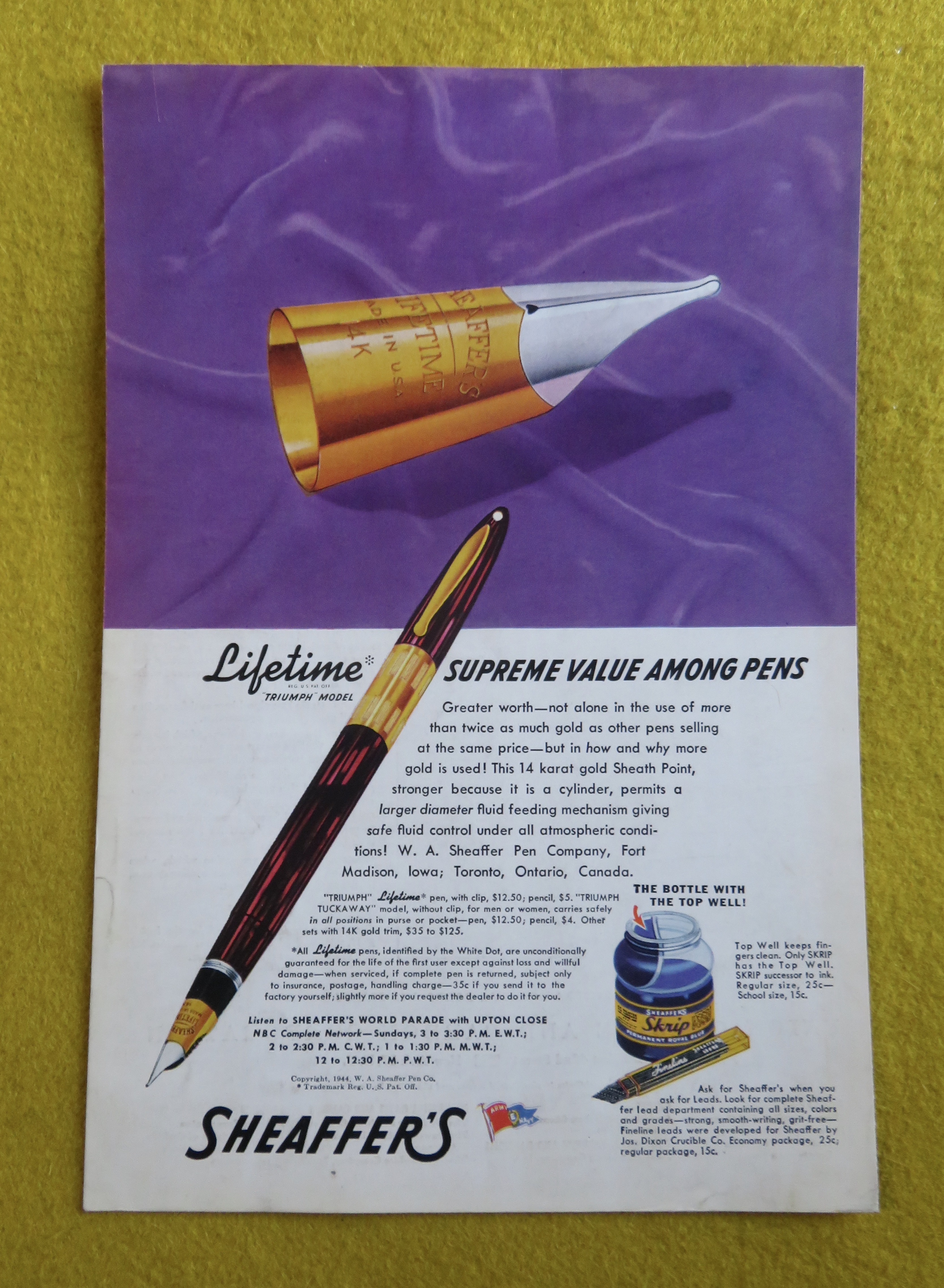 1944 Sheaffer Pens with Triumph Lifetime Pen