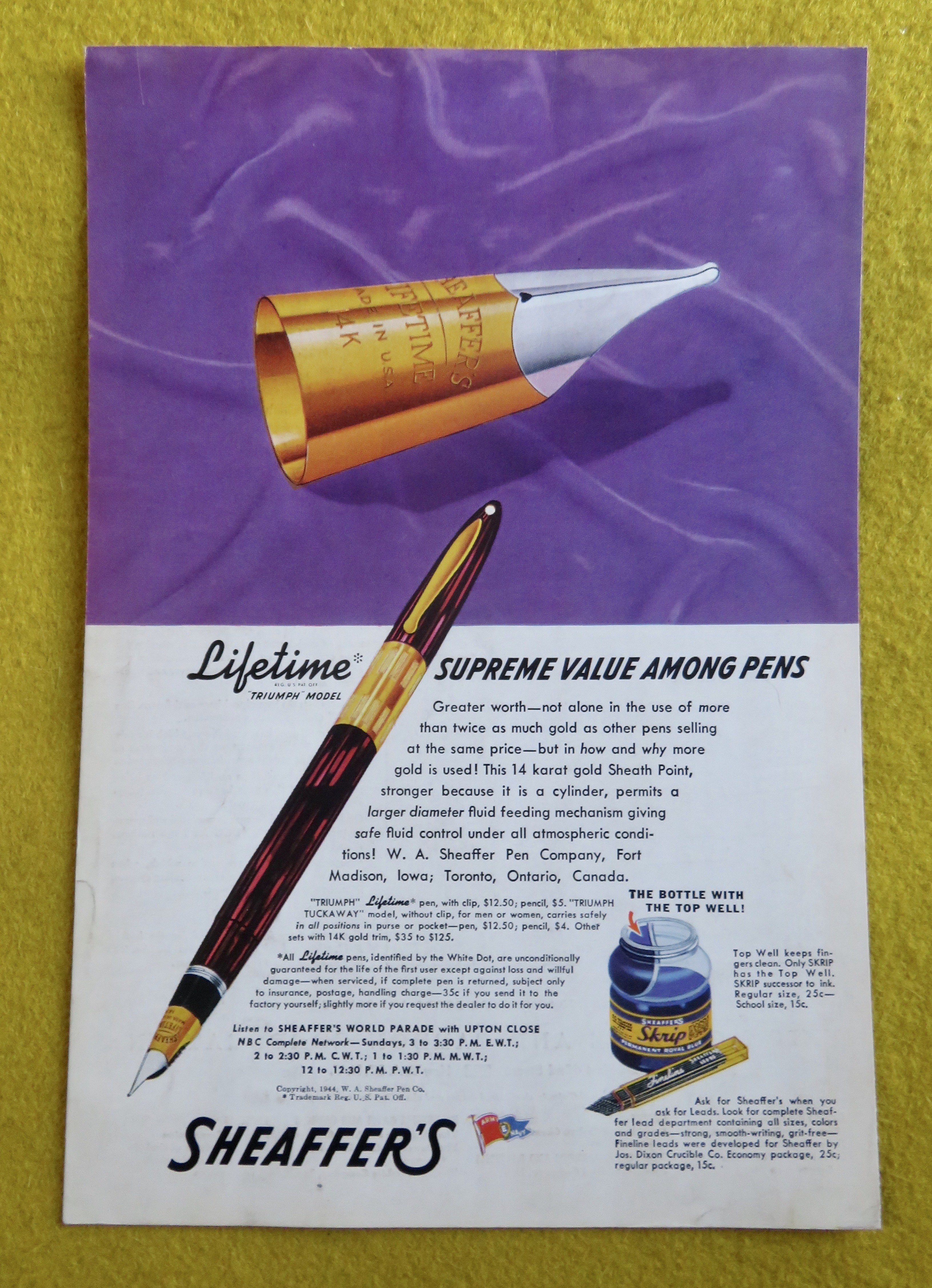 1944 Sheaffer Pens with Triumph Lifetime Pen