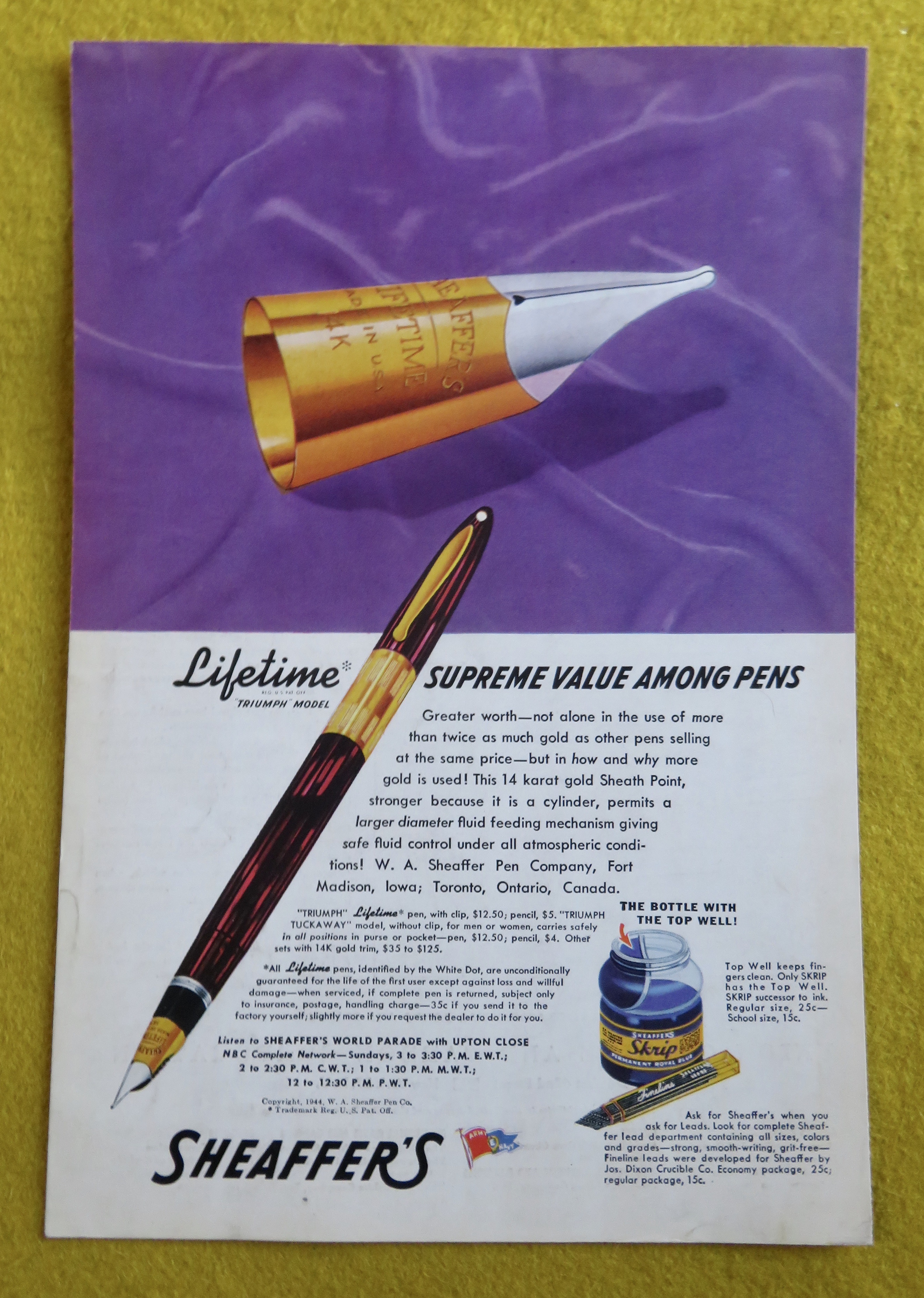 1944 Sheaffer Pens with Triumph Lifetime Pen