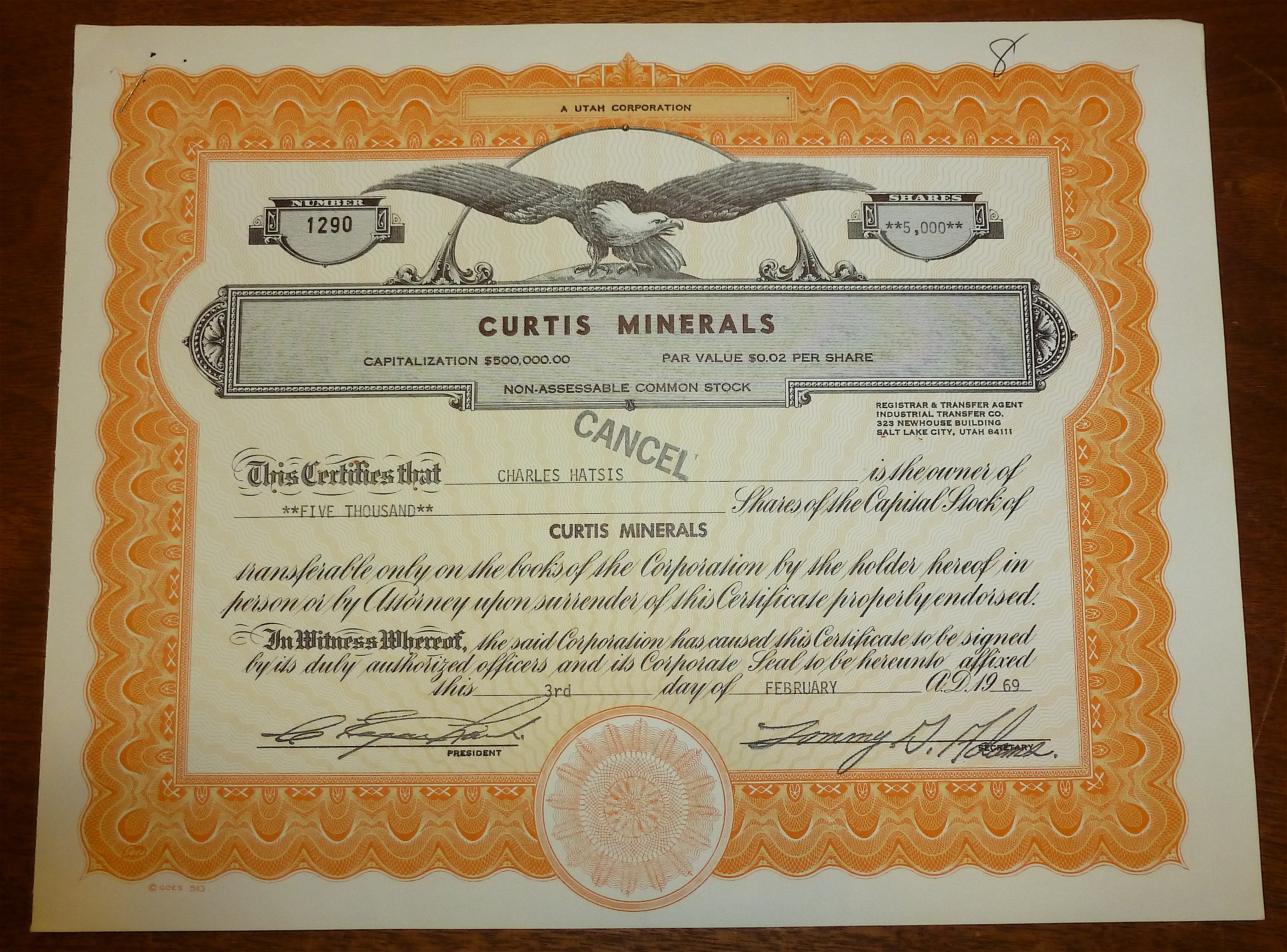 1969 Curtis Minerals Stock Certificate