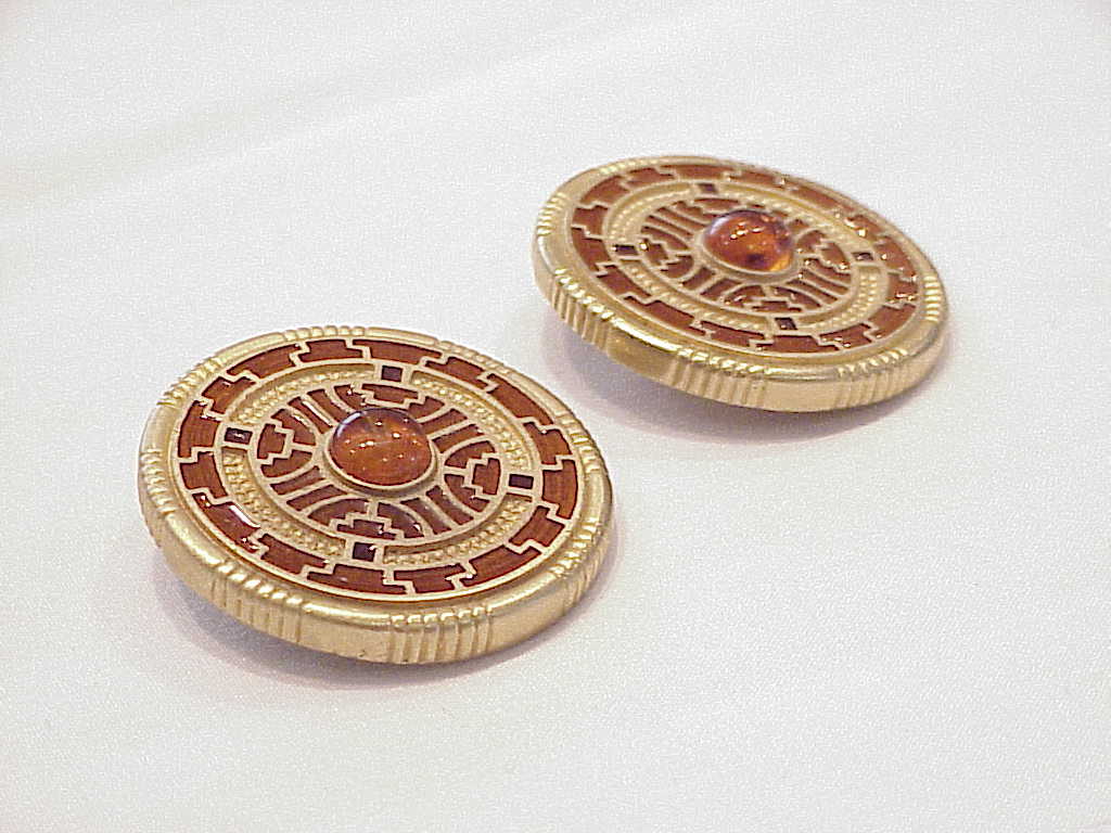 Signed Liberty Amber Enamel And Cabochon Gold Tone Clip Earrings