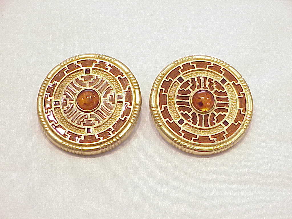Signed Liberty Amber Enamel And Cabochon Gold Tone Clip Earrings