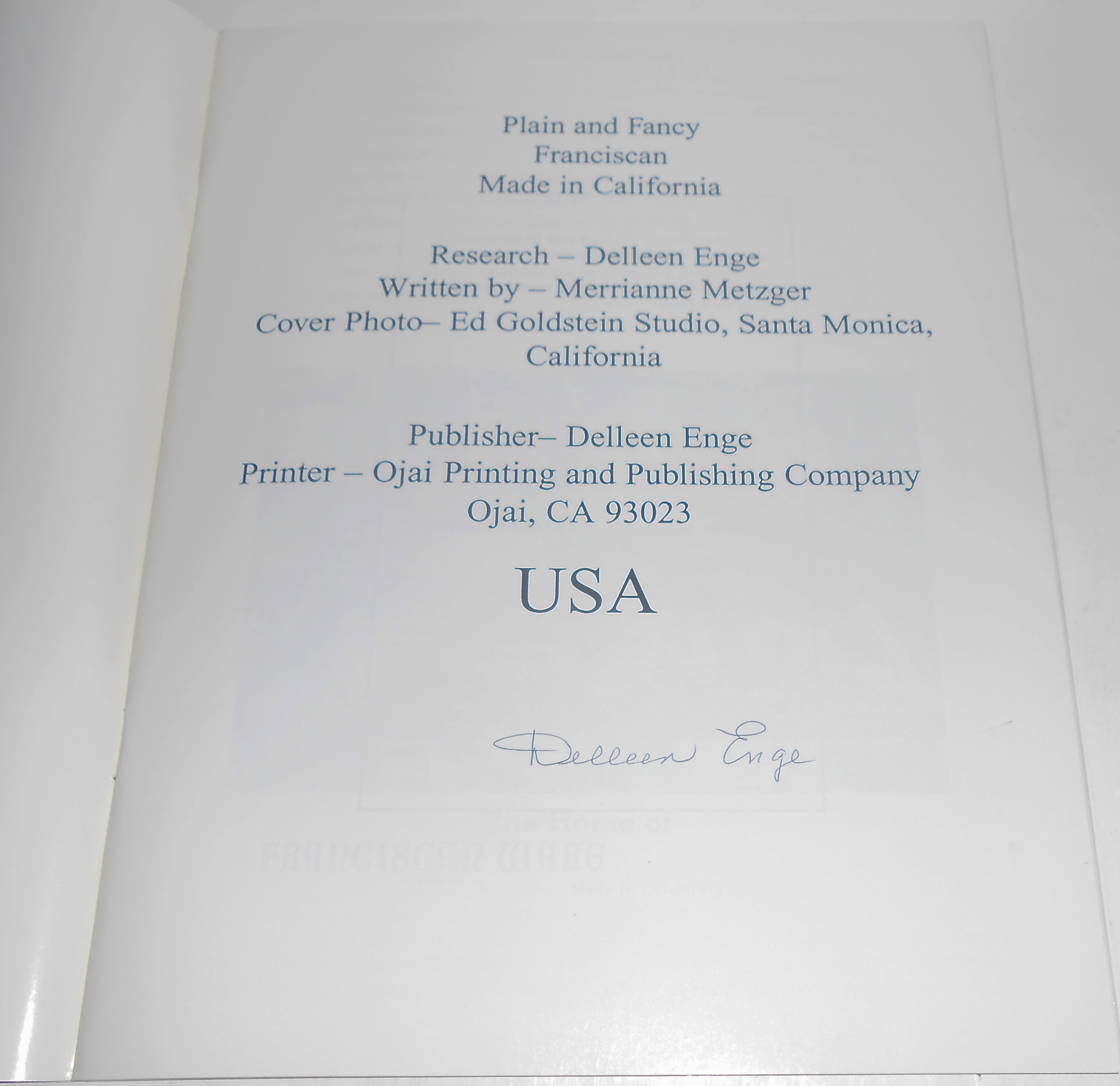 Franciscan Pottery Plain & Fancy Book Auto Delleen Enge