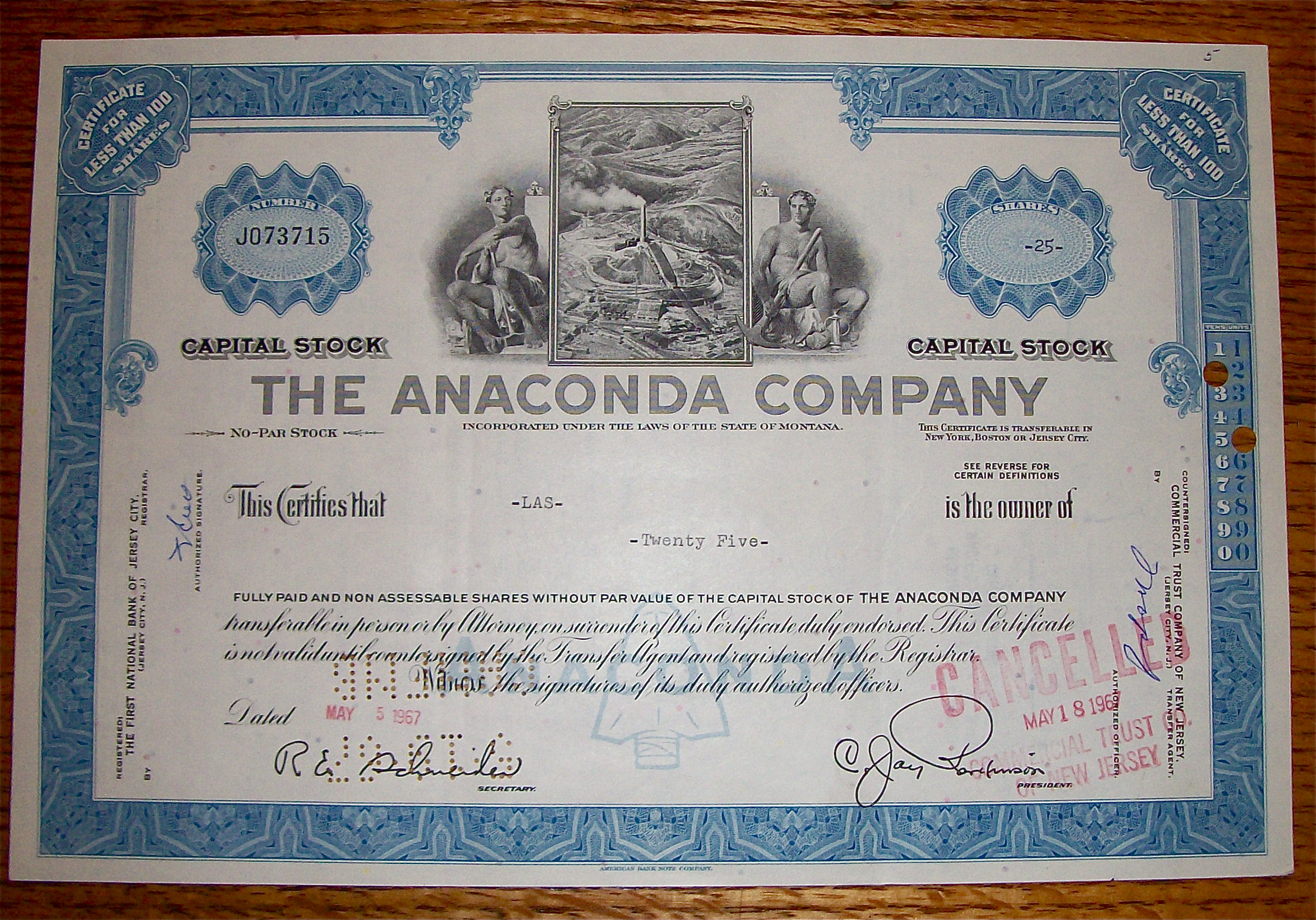 1967 Anaconda Company Stock Certificate