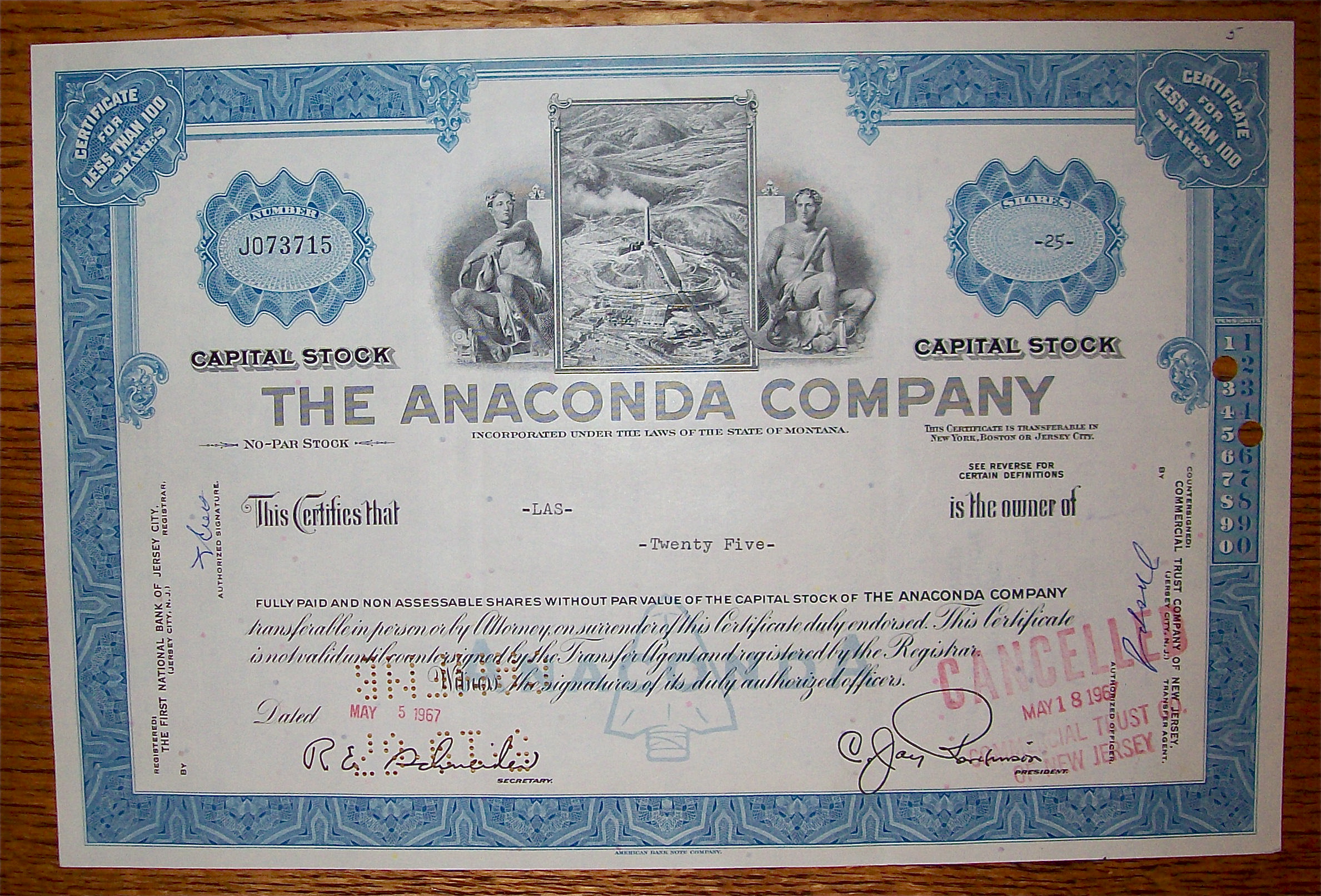 1967 Anaconda Company Stock Certificate