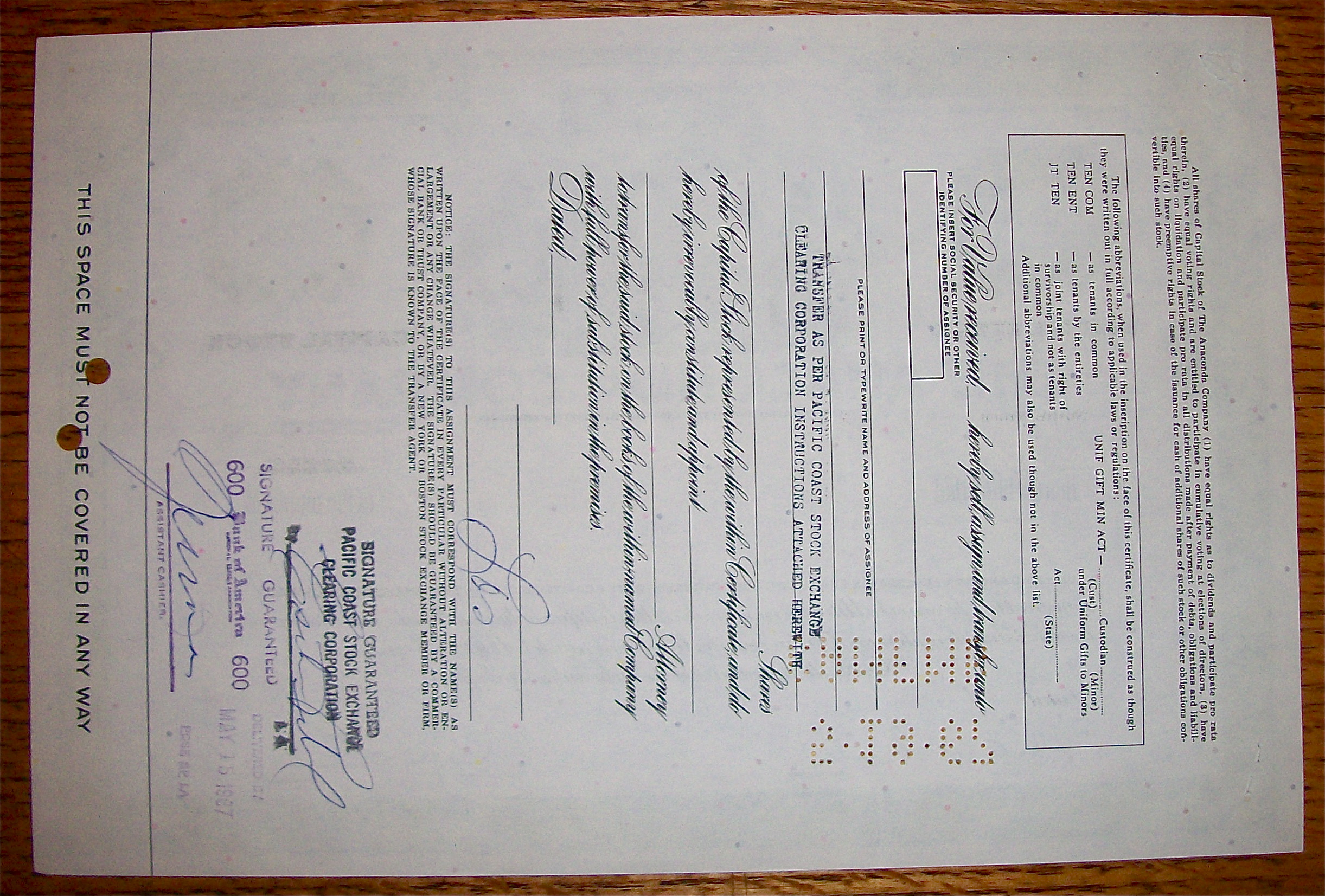 1967 Anaconda Company Stock Certificate