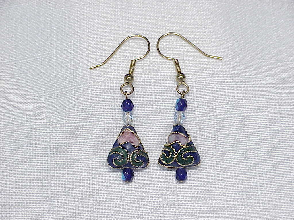 Dangling Blue, Green And Pink Cloisonne Enamel Pierced Earrings