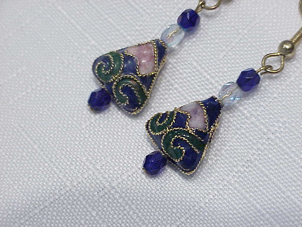 Dangling Blue, Green And Pink Cloisonne Enamel Pierced Earrings