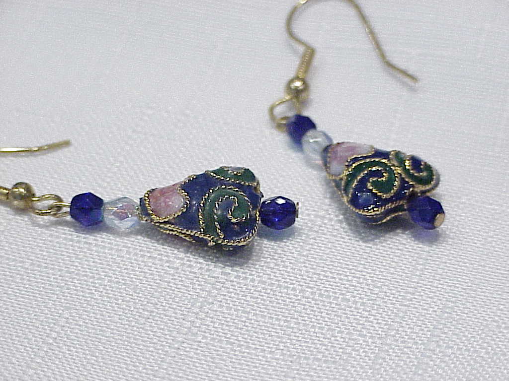 Dangling Blue, Green And Pink Cloisonne Enamel Pierced Earrings